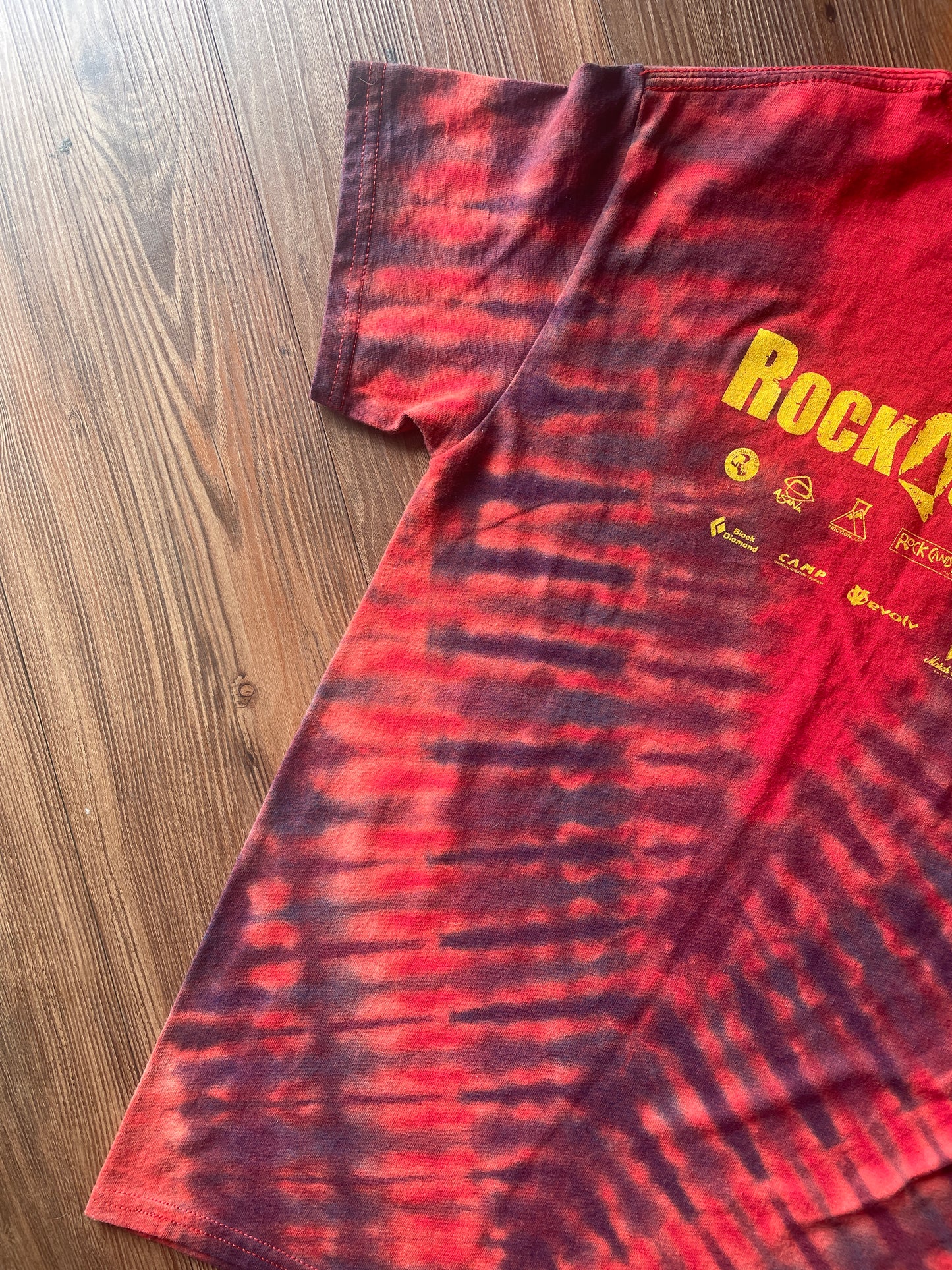 Small Men’s Bouledmon Gotta Send ‘Em All Handmade Tie Dye T-Shirt | Red Bouldering Rock Climbing Tie Dye Short Sleeve
