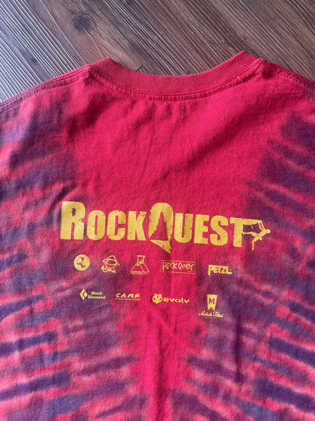 Small Men’s Bouledmon Gotta Send ‘Em All Handmade Tie Dye T-Shirt | Red Bouldering Rock Climbing Tie Dye Short Sleeve