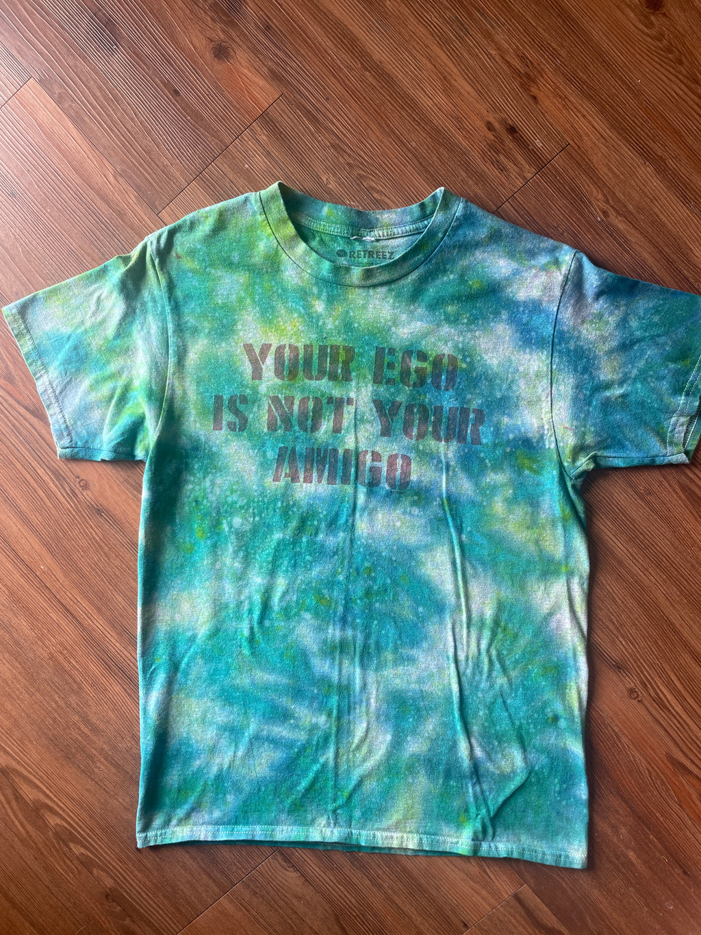 Medium Men’s Your Ego Is Not Your Amigo Handmade Tie Dye T-Shirt | Green Galaxy Reverse Tie Dye Short Sleeve