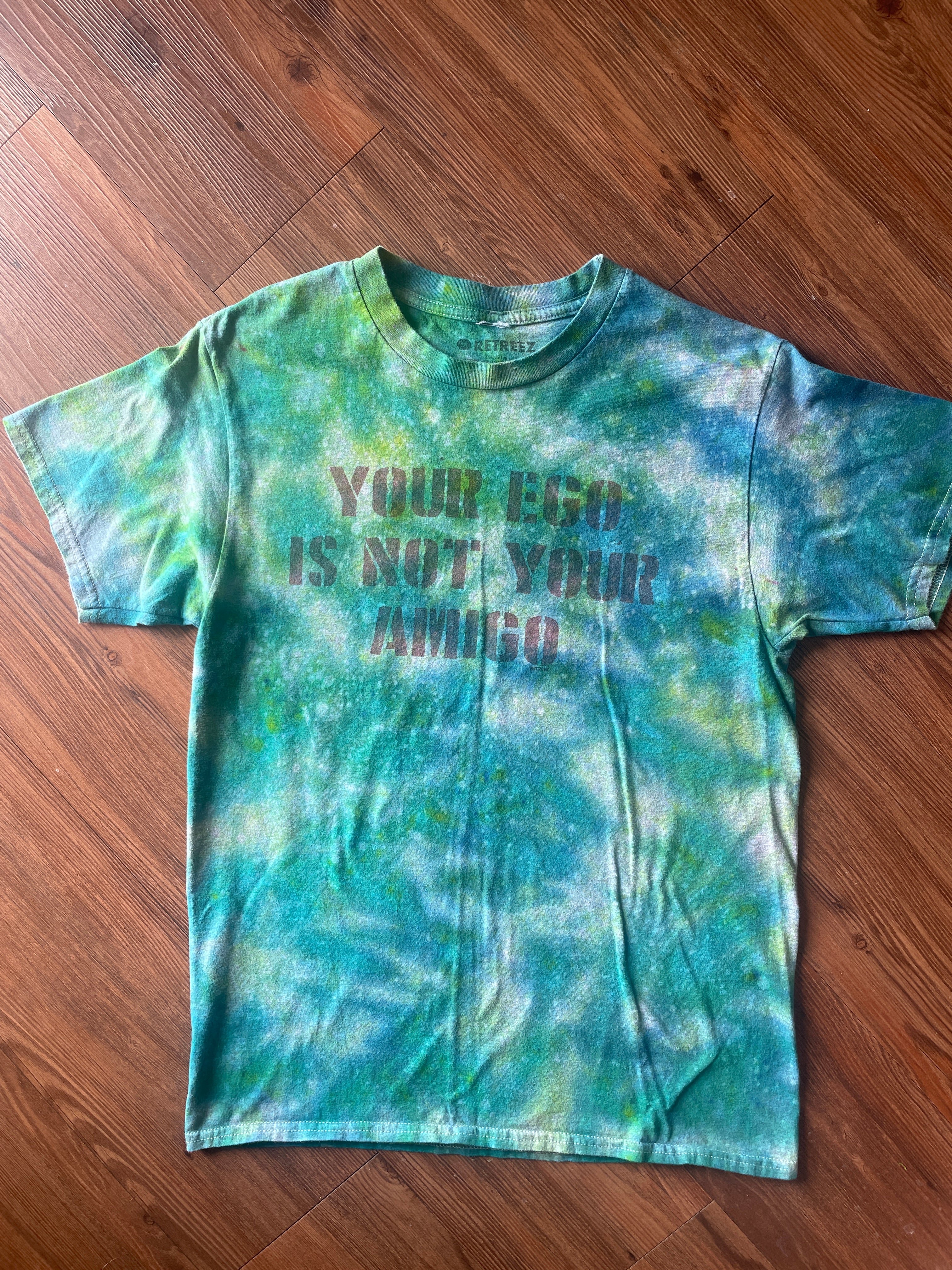Medium Men’s Your Ego Is Not Your Amigo Handmade Tie Dye T-Shirt | Green Galaxy Reverse Tie Dye Short Sleeve