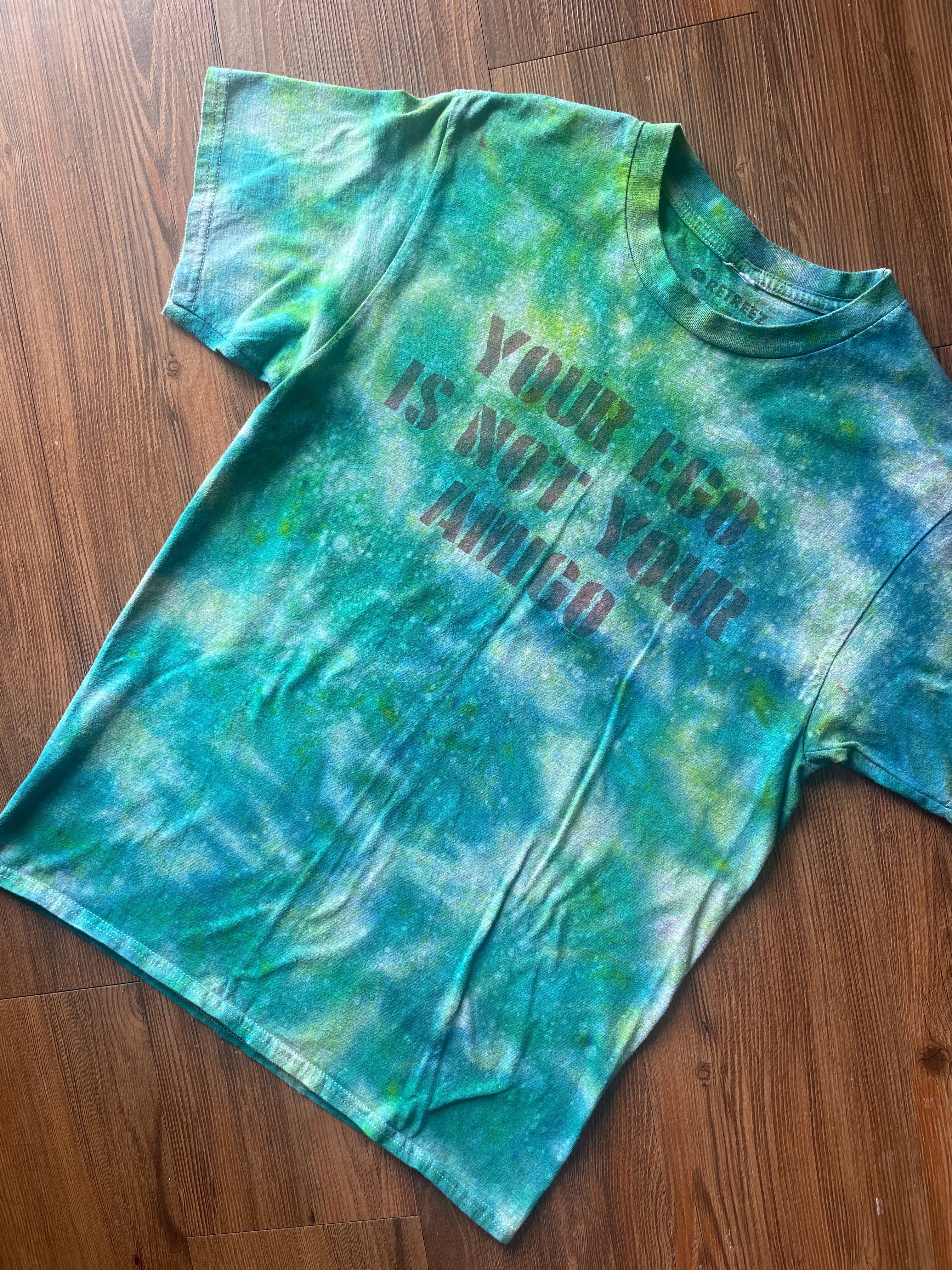 Medium Men’s Your Ego Is Not Your Amigo Handmade Tie Dye T-Shirt | Green Galaxy Reverse Tie Dye Short Sleeve