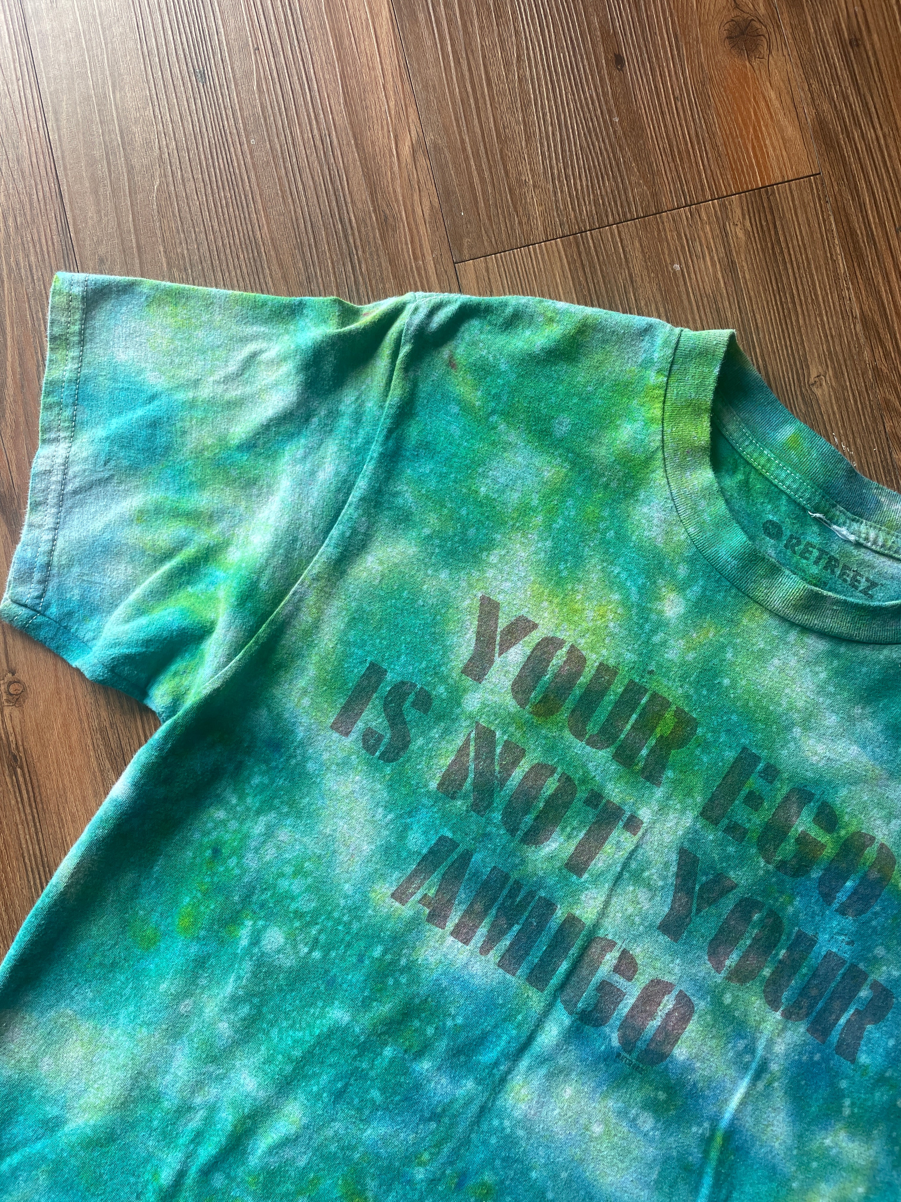 Medium Men’s Your Ego Is Not Your Amigo Handmade Tie Dye T-Shirt | Green Galaxy Reverse Tie Dye Short Sleeve