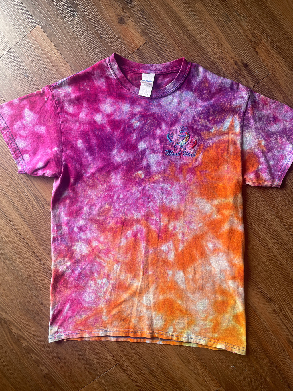 Medium Men’s Moab Utah Handmade Tie Dye T-Shirt with Embroidered Kokopelli Details | Pink and Orange Galaxy Reverse Tie Dye Short Sleeve