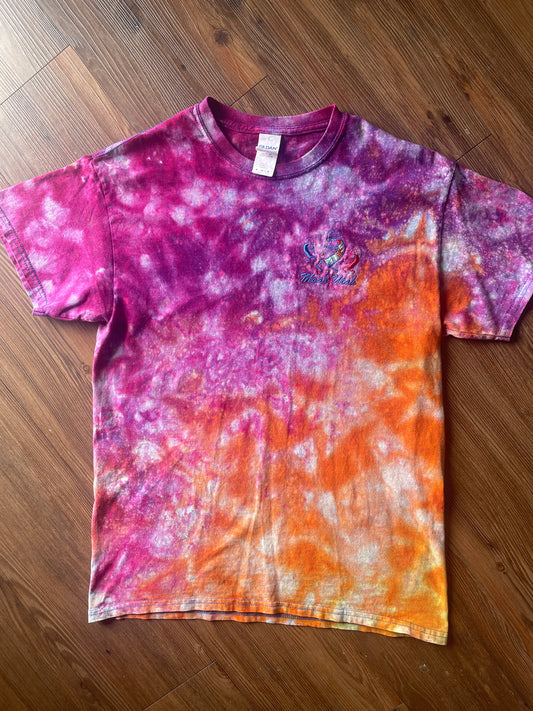 Medium Men’s Moab Utah Handmade Tie Dye T-Shirt with Embroidered Kokopelli Details | Pink and Orange Galaxy Reverse Tie Dye Short Sleeve
