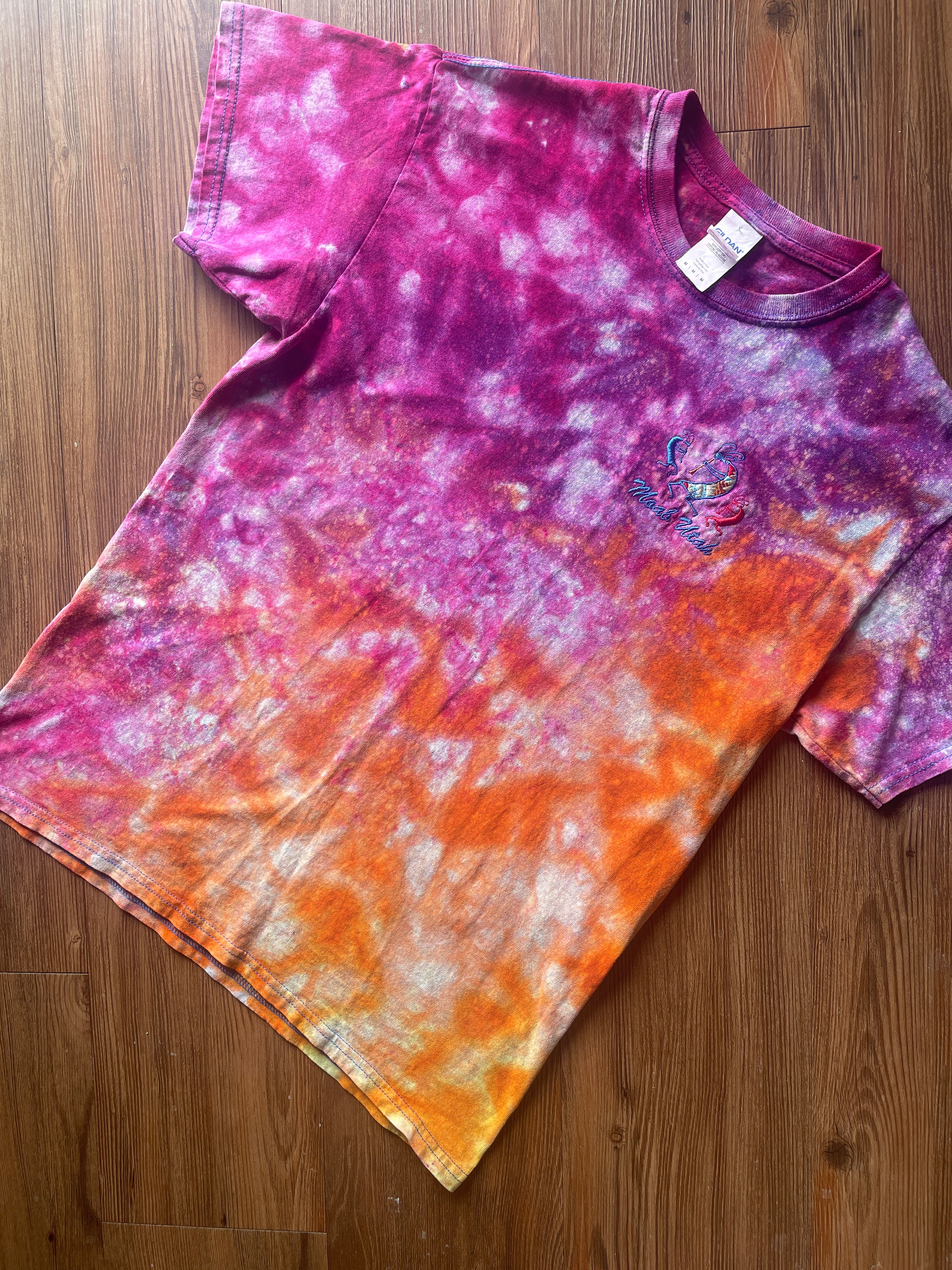 Medium Men’s Moab Utah Handmade Tie Dye T-Shirt with Embroidered Kokopelli Details | Pink and Orange Galaxy Reverse Tie Dye Short Sleeve