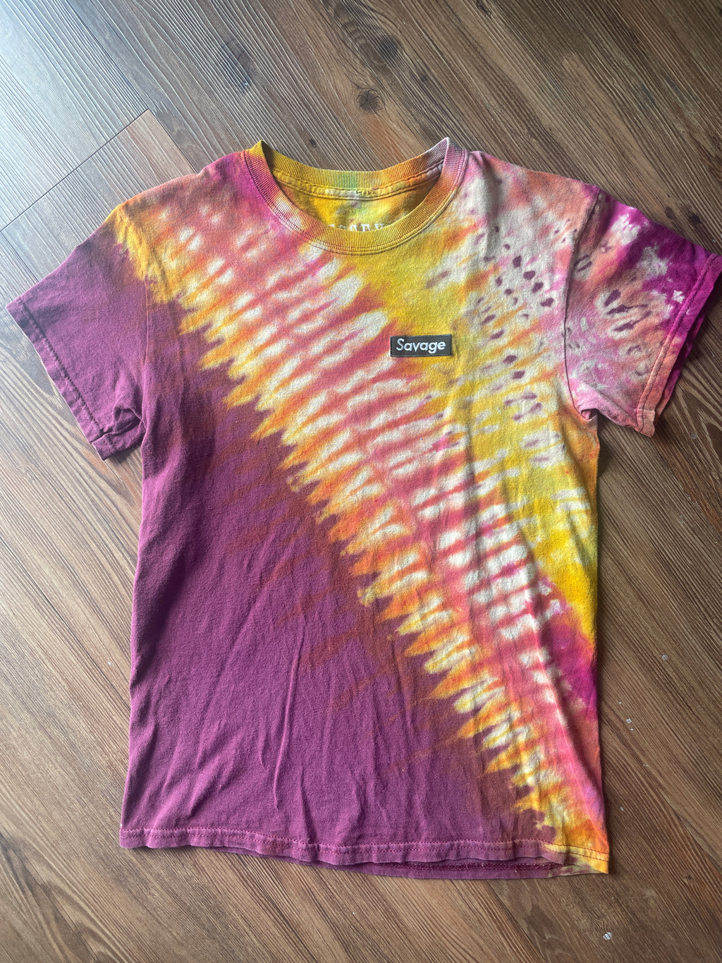 Small Unisex Savage Handmade Reverse Tie Dye T-Shirt | Warm Tones Pleated Bleach Dye Short Sleeve