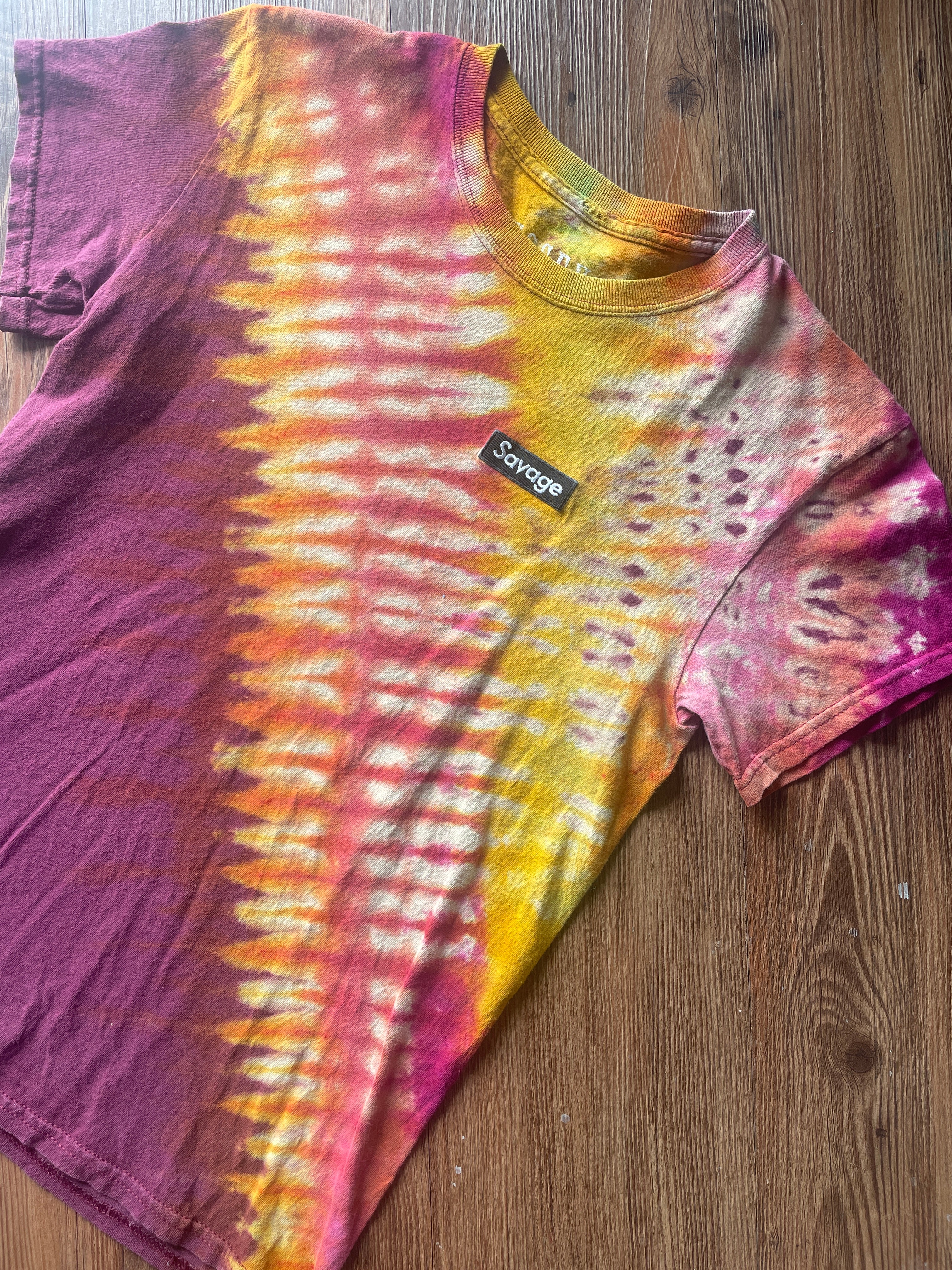 Small Unisex Savage Handmade Reverse Tie Dye T-Shirt | Warm Tones Pleated Bleach Dye Short Sleeve