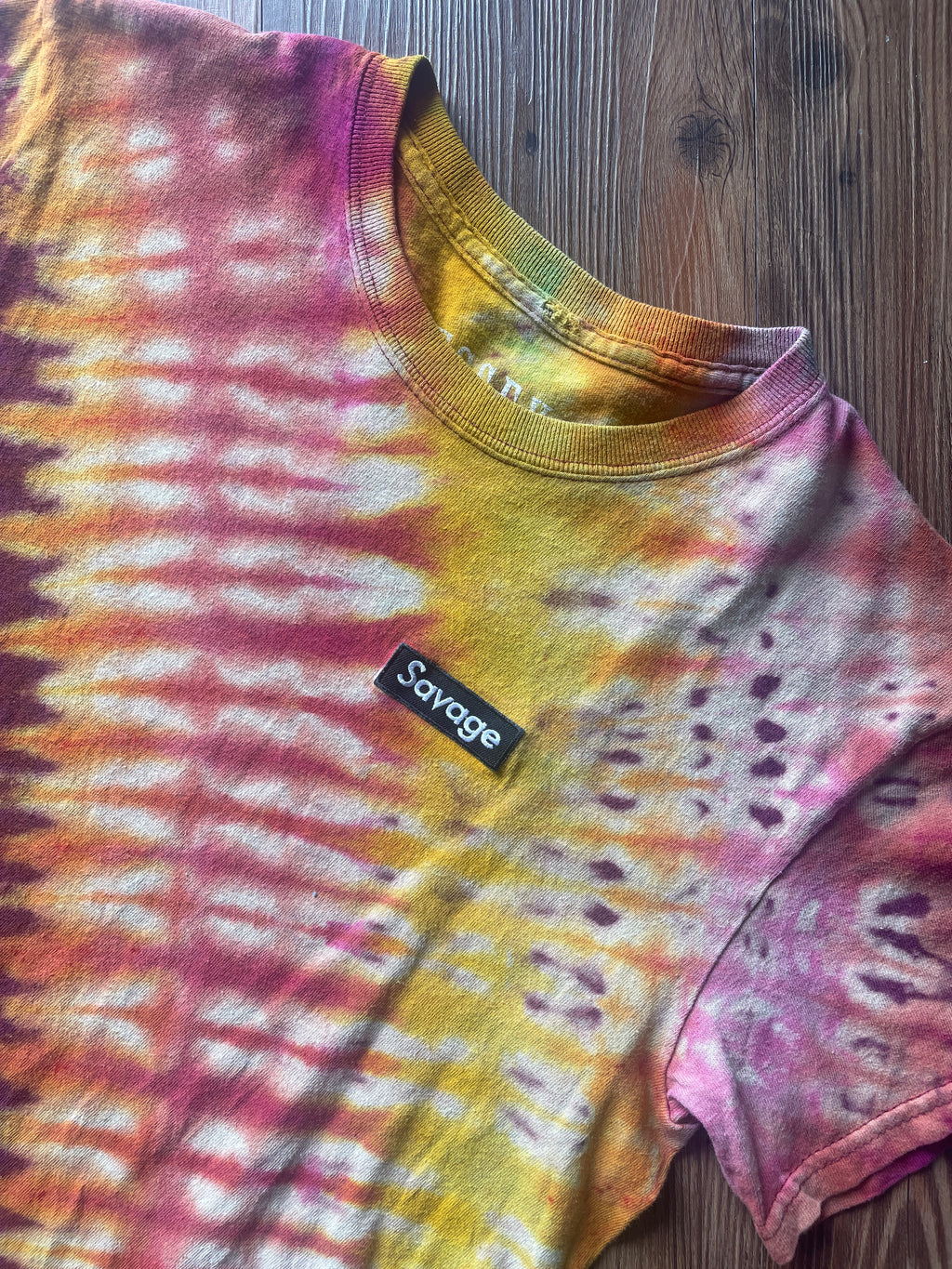 Small Unisex Savage Handmade Reverse Tie Dye T-Shirt | Warm Tones Pleated Bleach Dye Short Sleeve