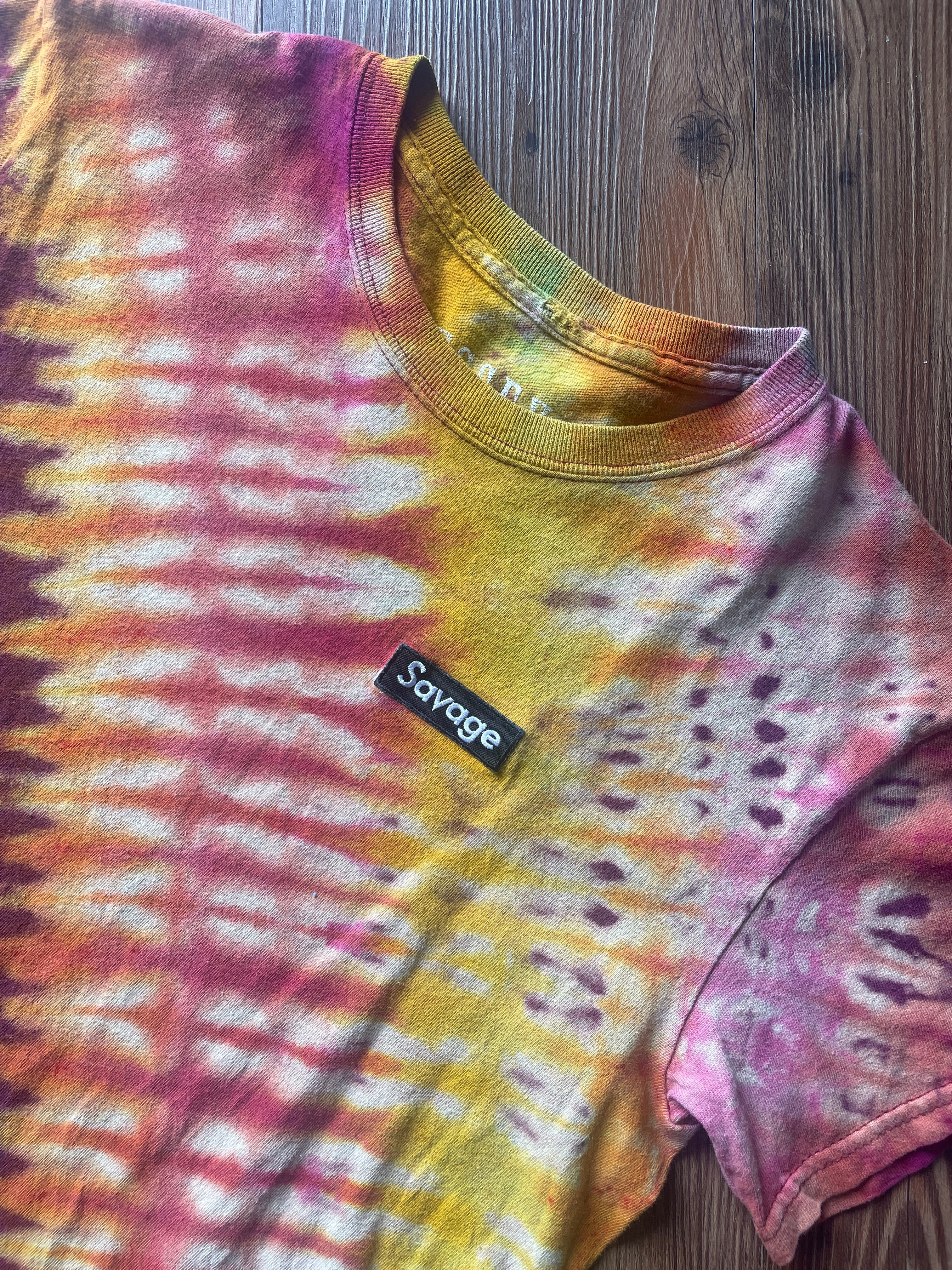 Small Unisex Savage Handmade Reverse Tie Dye T-Shirt | Warm Tones Pleated Bleach Dye Short Sleeve