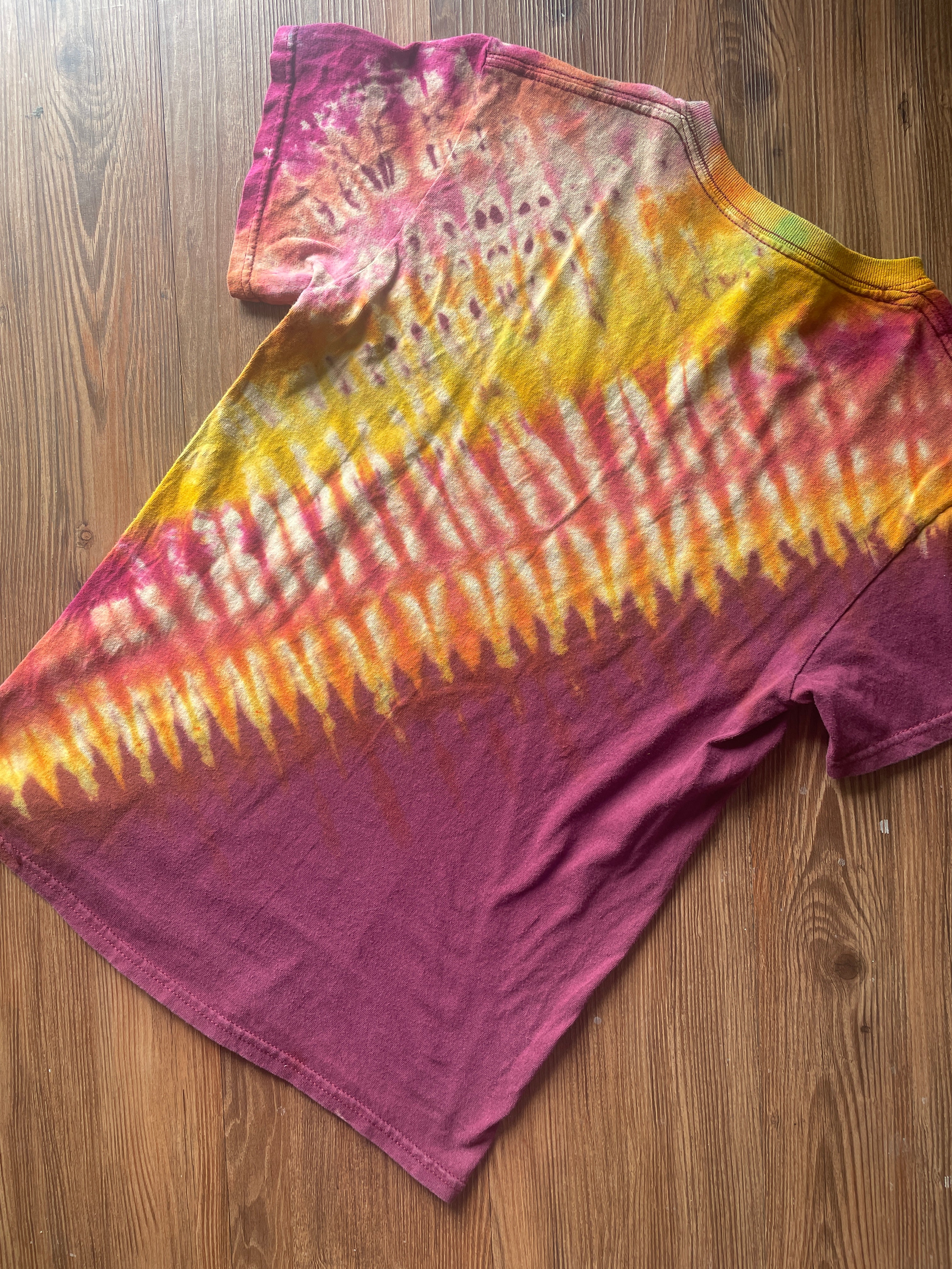 Small Unisex Savage Handmade Reverse Tie Dye T-Shirt | Warm Tones Pleated Bleach Dye Short Sleeve