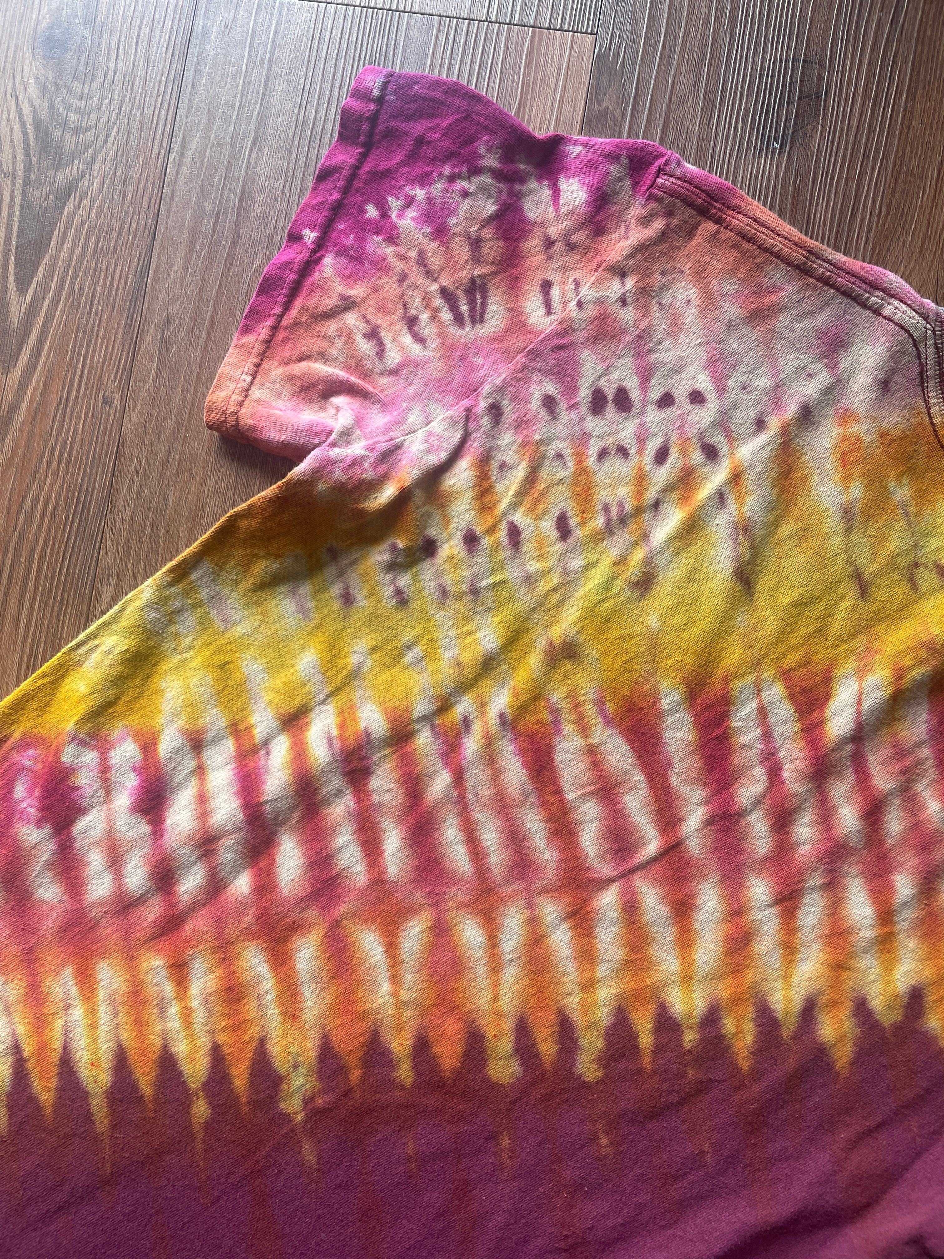 Small Unisex Savage Handmade Reverse Tie Dye T-Shirt | Warm Tones Pleated Bleach Dye Short Sleeve