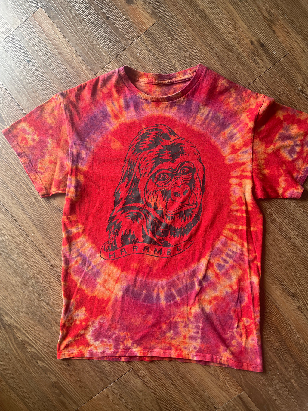 Medium Men’s Harambe Handmade Tie Dye T-Shirt | Red Warm Tones Crumpled Bleach Dye Short Sleeve