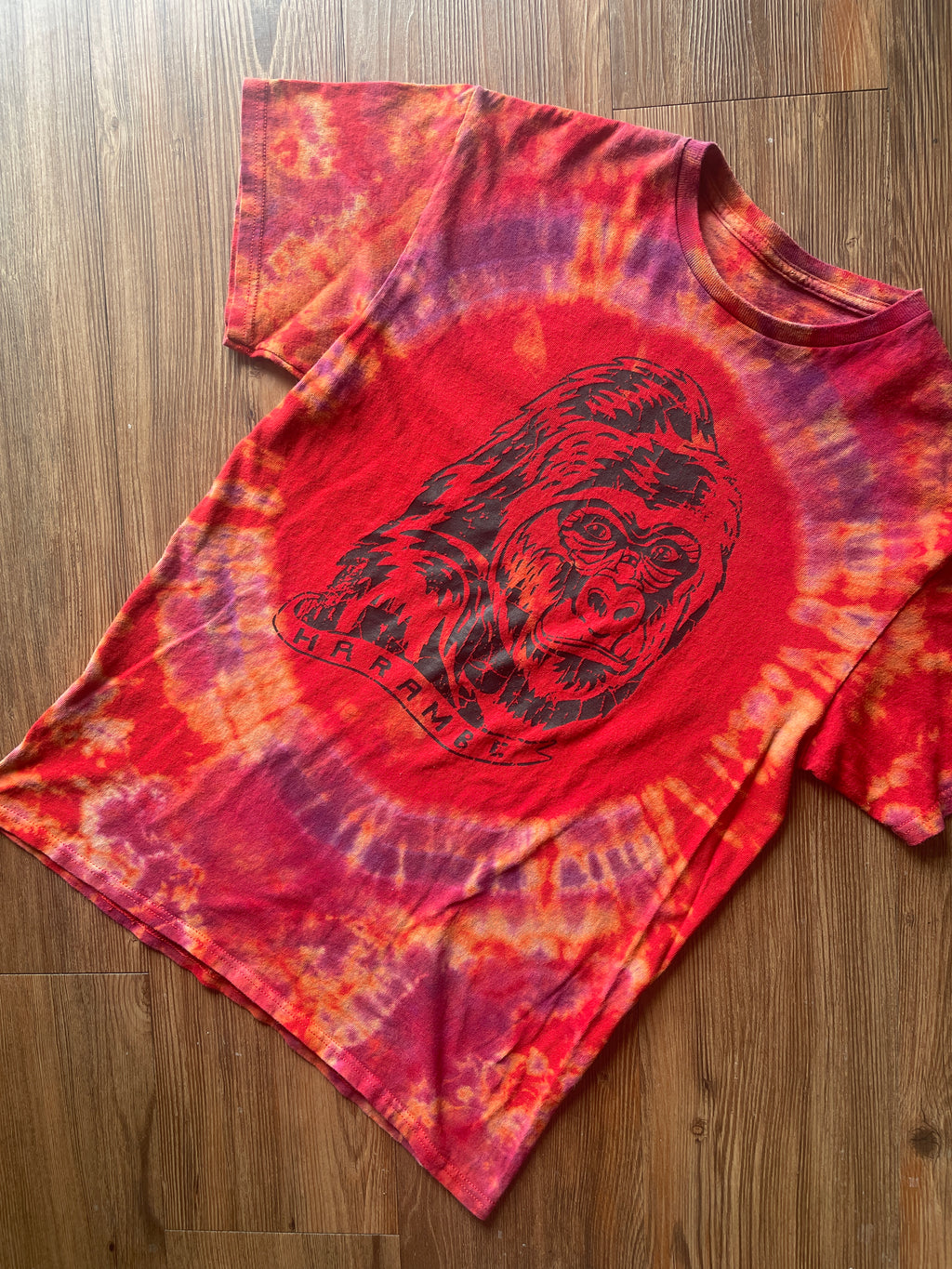 Medium Men’s Harambe Handmade Tie Dye T-Shirt | Red Warm Tones Crumpled Bleach Dye Short Sleeve
