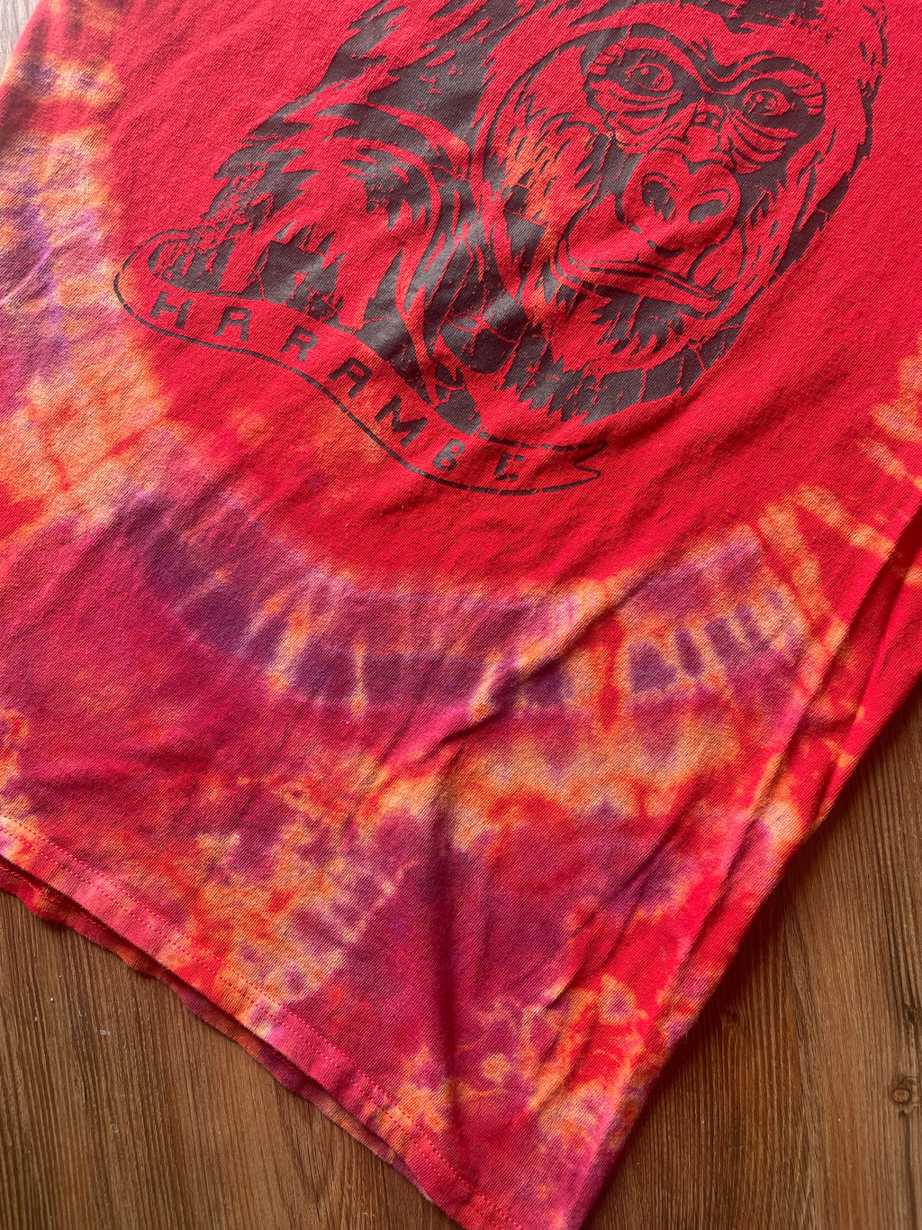 Medium Men’s Harambe Handmade Tie Dye T-Shirt | Red Warm Tones Crumpled Bleach Dye Short Sleeve