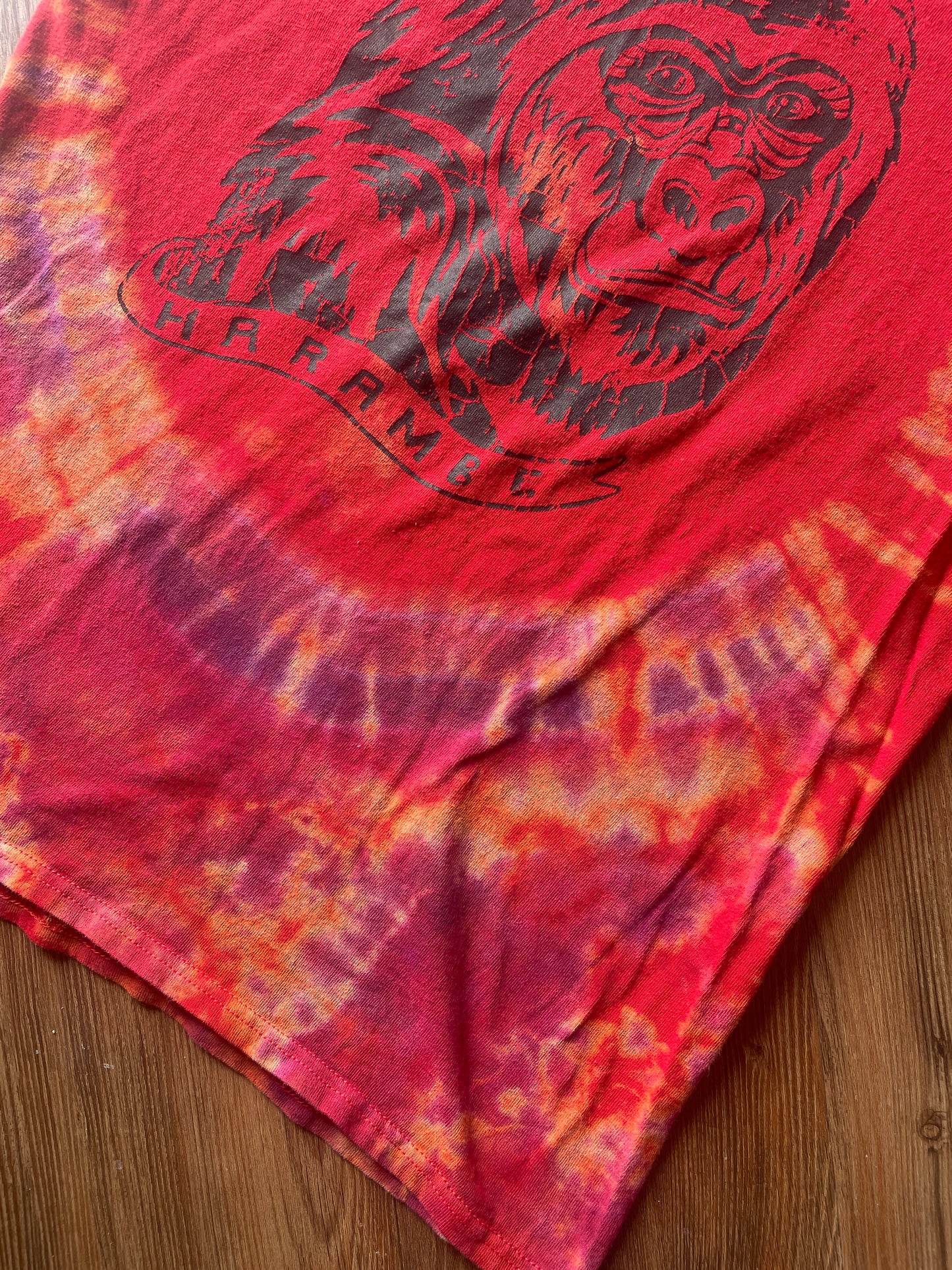 Medium Men’s Harambe Handmade Tie Dye T-Shirt | Red Warm Tones Crumpled Bleach Dye Short Sleeve