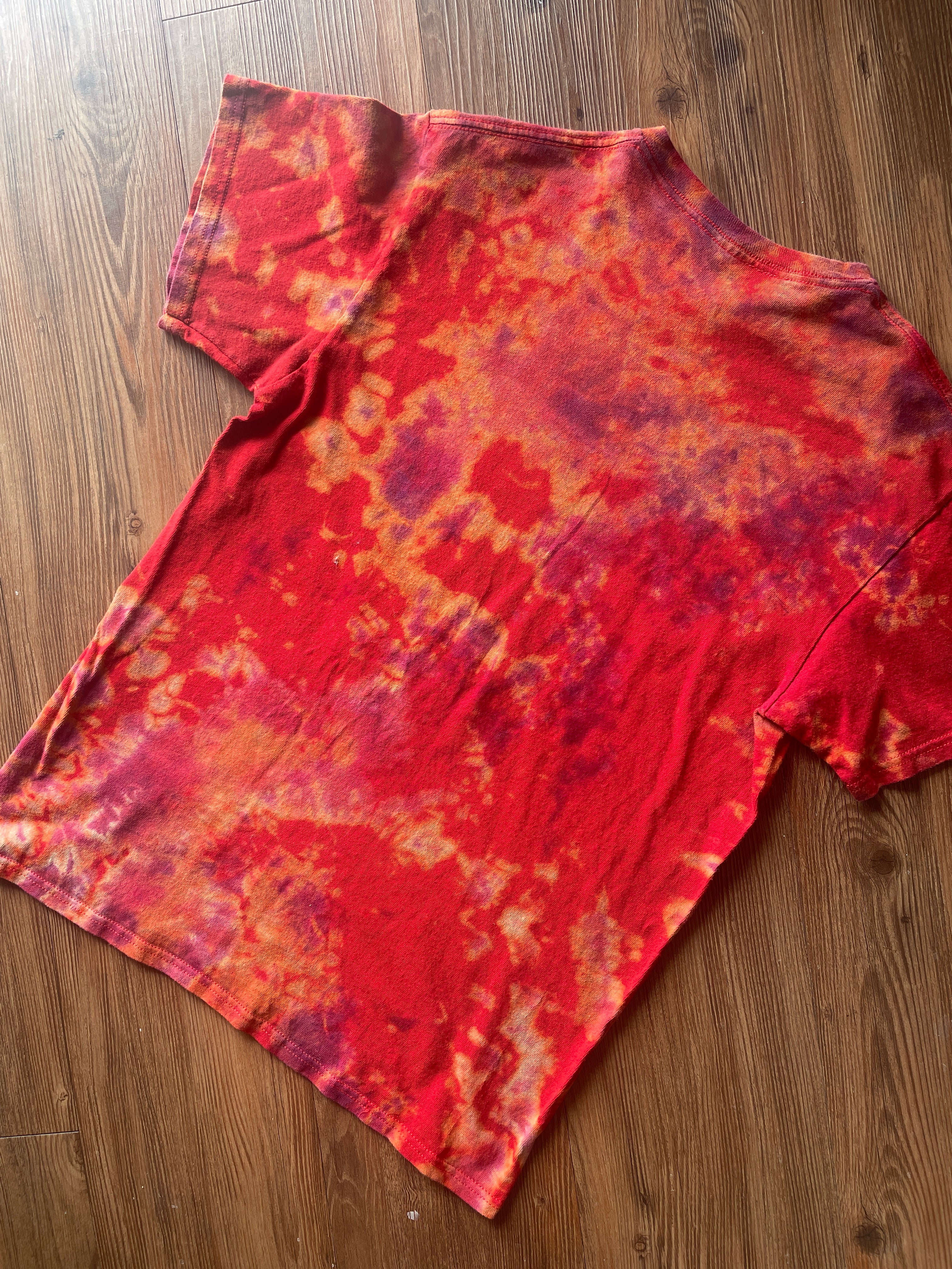 Medium Men’s Harambe Handmade Tie Dye T-Shirt | Red Warm Tones Crumpled Bleach Dye Short Sleeve
