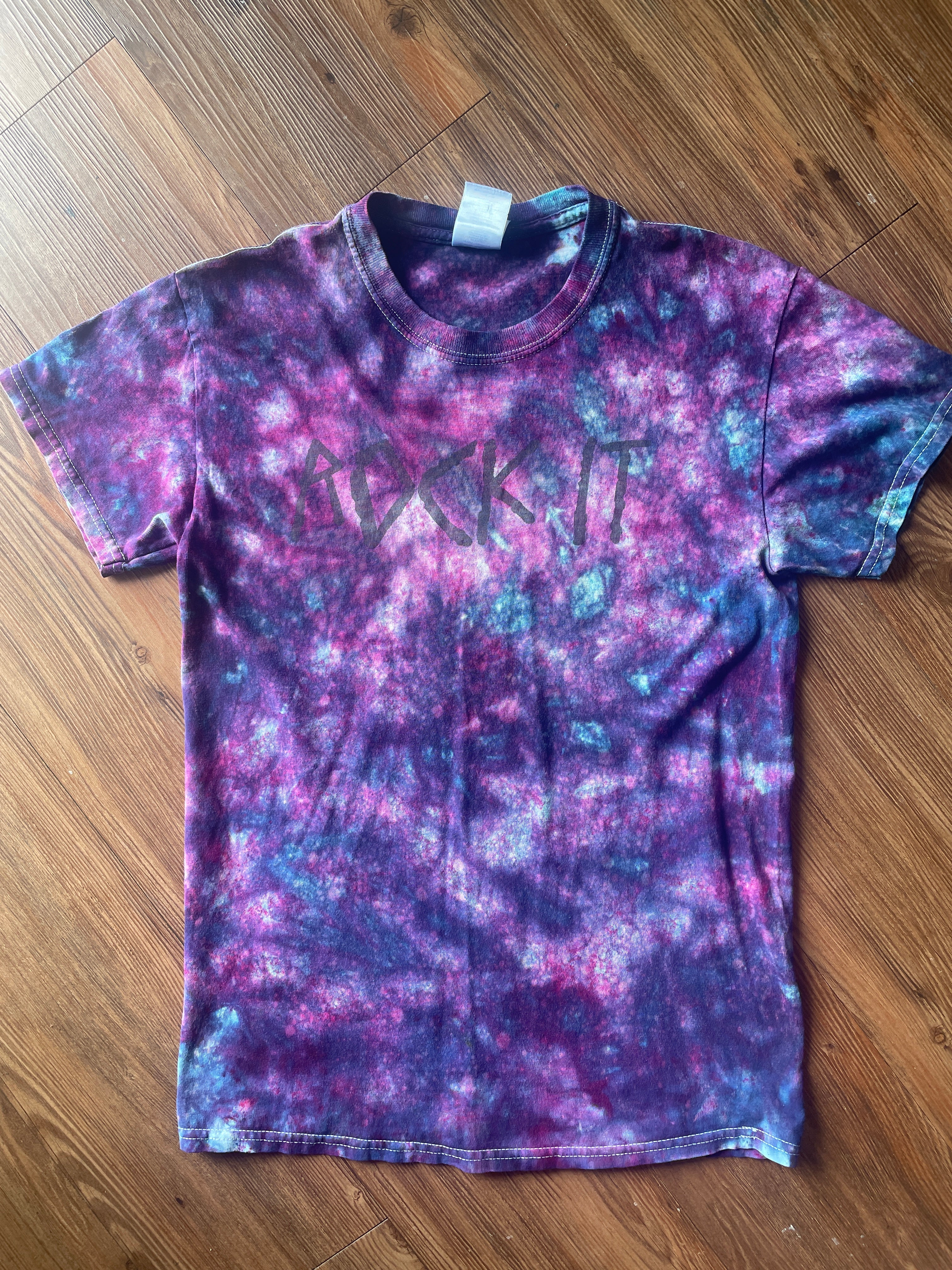 Small Men’s ROCK IT! Galaxy Tie Dye Handmade T-Shirt | Blue and Purple Dark Galaxy Dye Short Sleeve