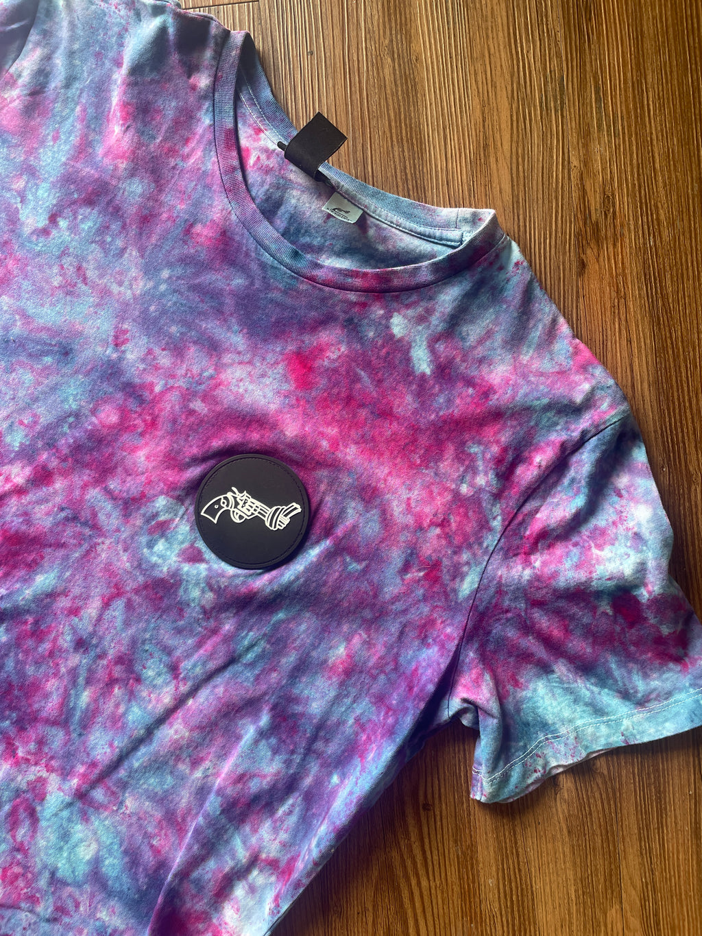 Large Women’s Anti-Gun Violence Handmade Galaxy Tie Dye T-Shirt | H&M Non-Violence Tie Dye Short Sleeve