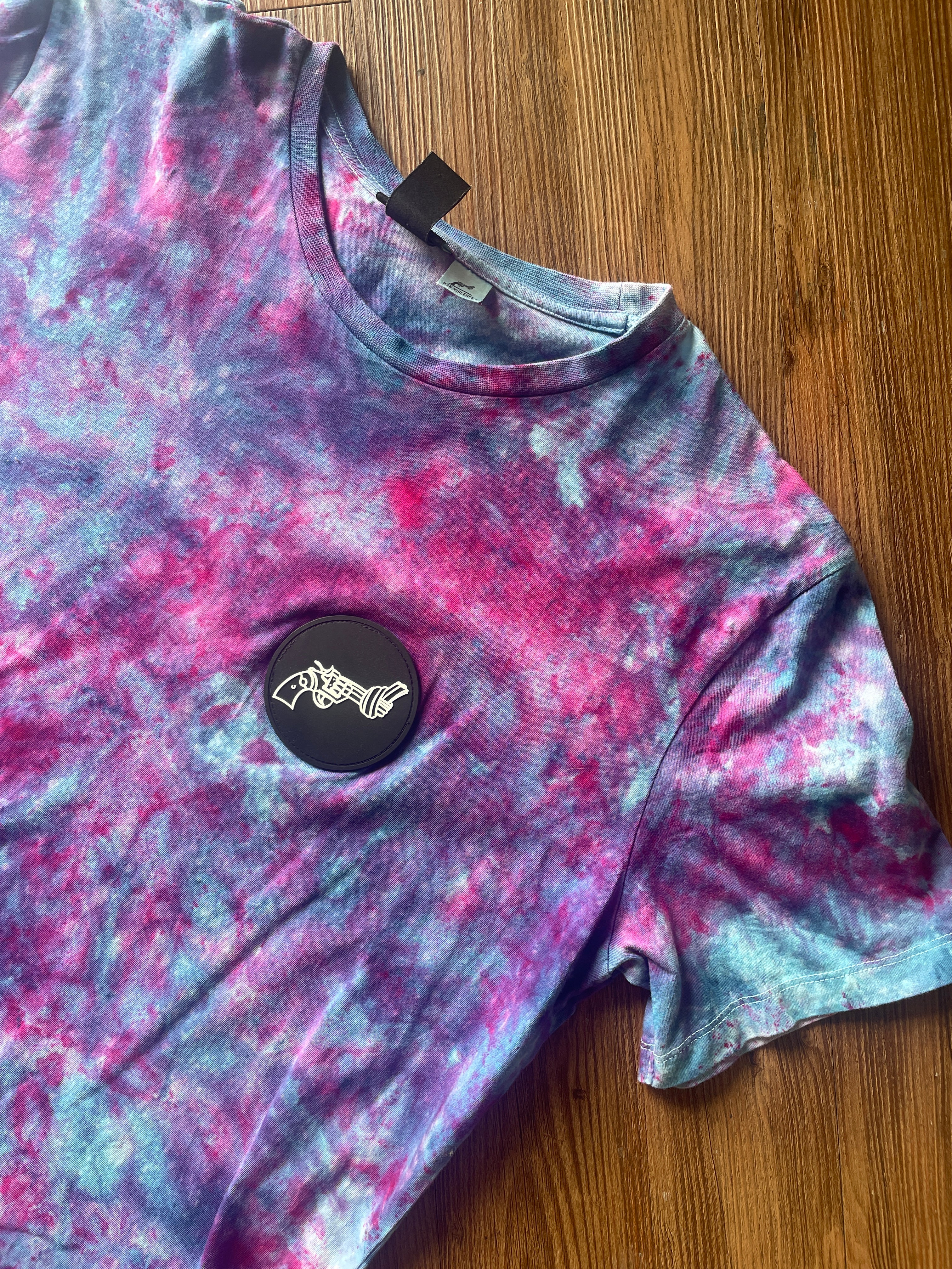 Large Women’s Anti-Gun Violence Handmade Galaxy Tie Dye T-Shirt | H&M Non-Violence Tie Dye Short Sleeve