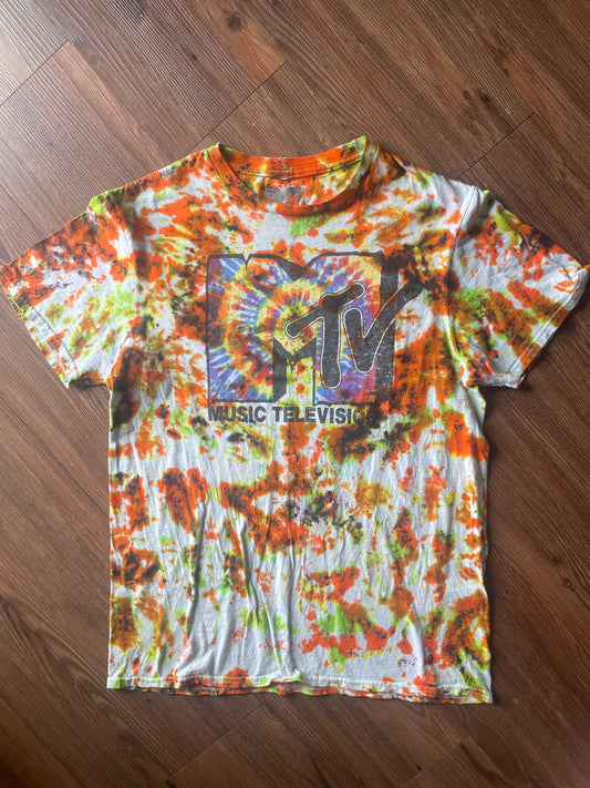 Medium Men’s MTV Retro Vibes Handmade Tie Dye T-Shirt | Music Television 90s Orange and Green Tie Dye Short Sleeve