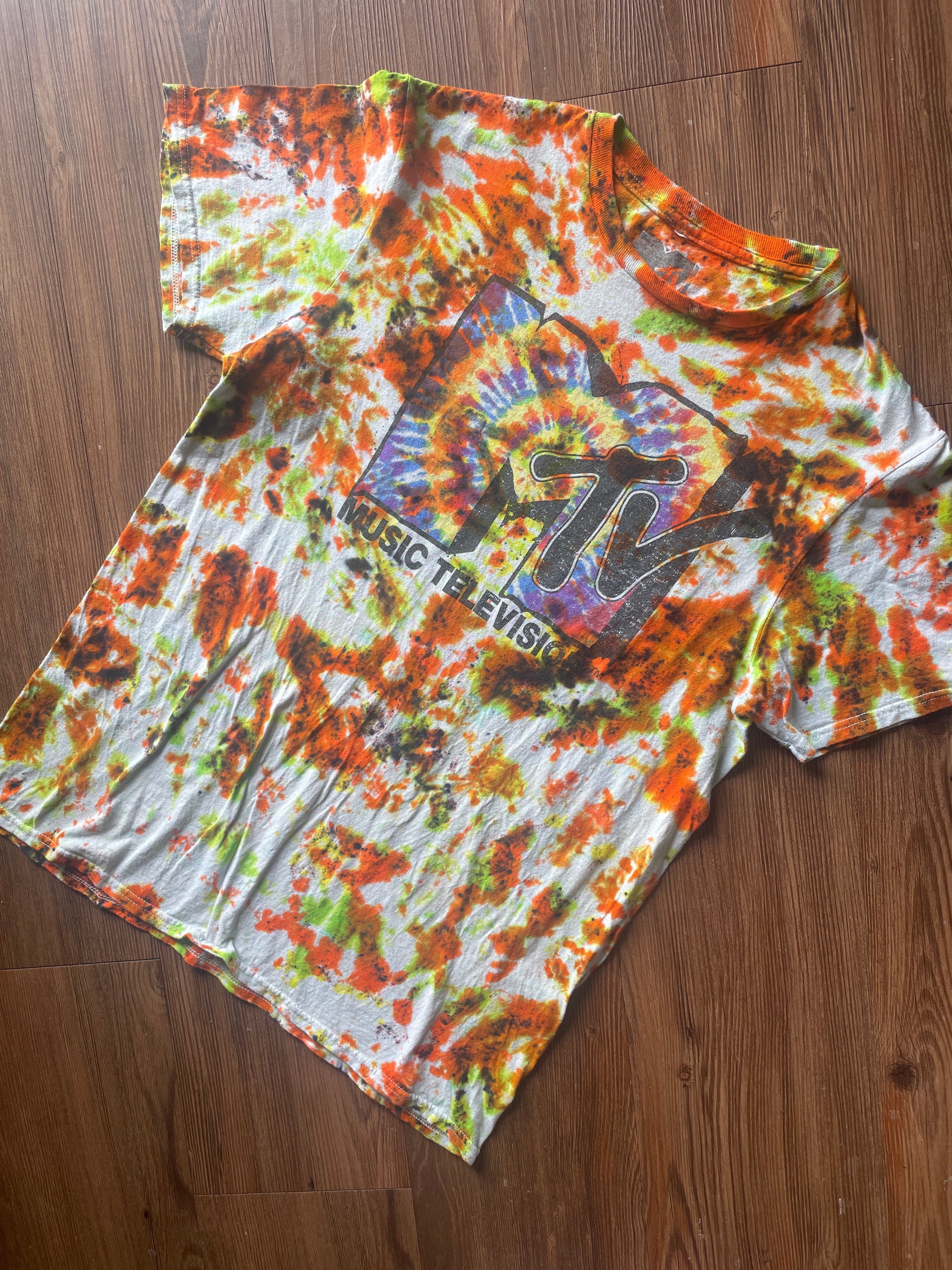 Medium Men’s MTV Retro Vibes Handmade Tie Dye T-Shirt | Music Television 90s Orange and Green Tie Dye Short Sleeve