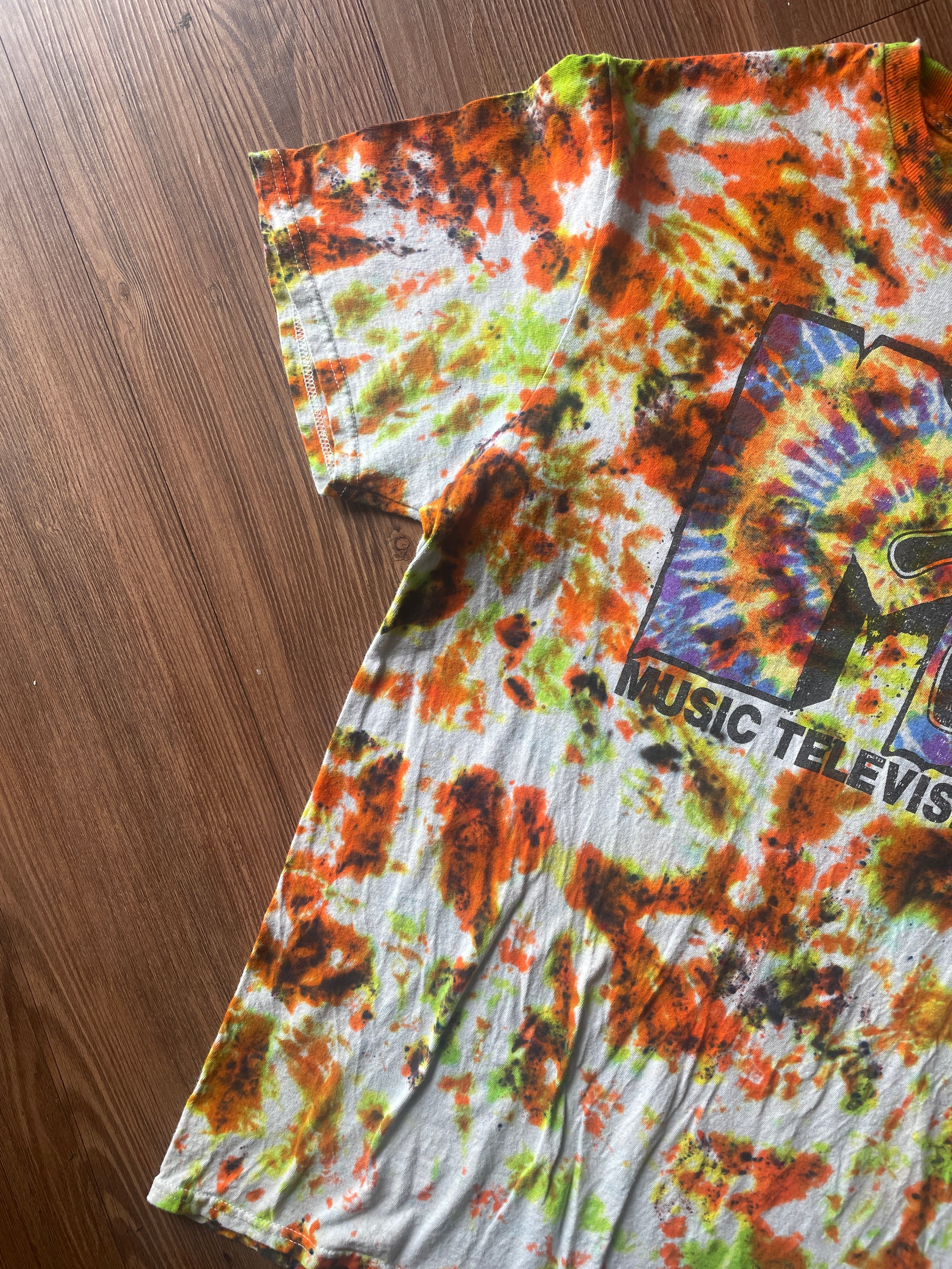 Medium Men’s MTV Retro Vibes Handmade Tie Dye T-Shirt | Music Television 90s Orange and Green Tie Dye Short Sleeve