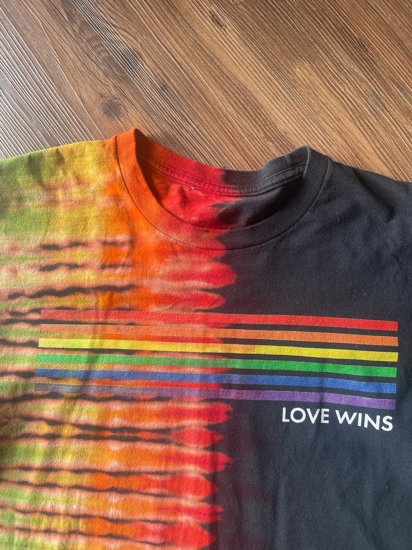 Medium Men’s Pride Love Wins Handmade Tie Dye T-Shirt | LGBTQ+ Rainbow Pride Month Pleated Tie Dye Short Sleeve