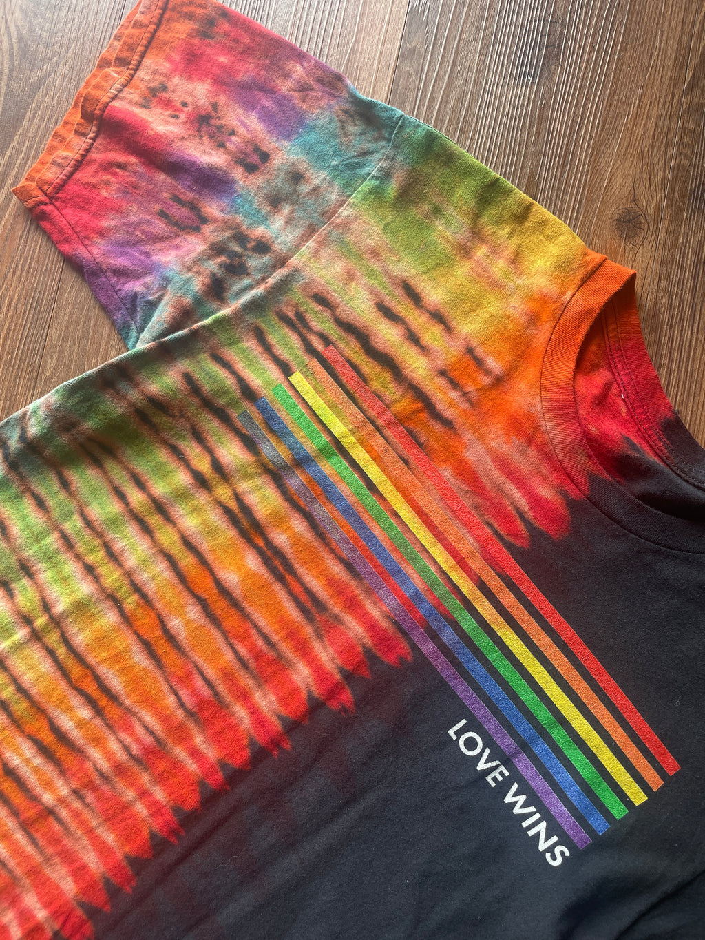 Medium Men’s Pride Love Wins Handmade Tie Dye T-Shirt | LGBTQ+ Rainbow Pride Month Pleated Tie Dye Short Sleeve