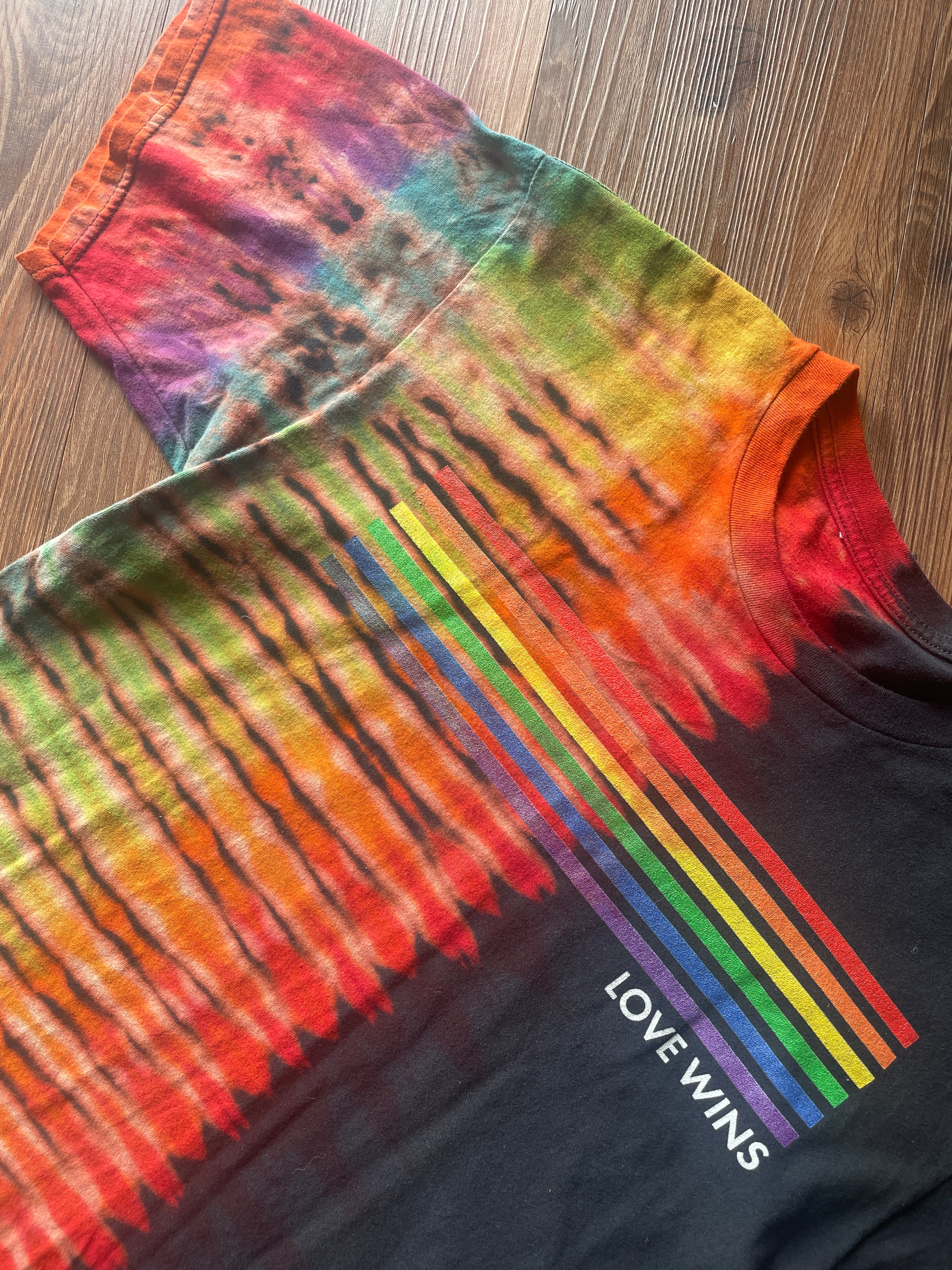 Medium Men’s Pride Love Wins Handmade Tie Dye T-Shirt | LGBTQ+ Rainbow Pride Month Pleated Tie Dye Short Sleeve