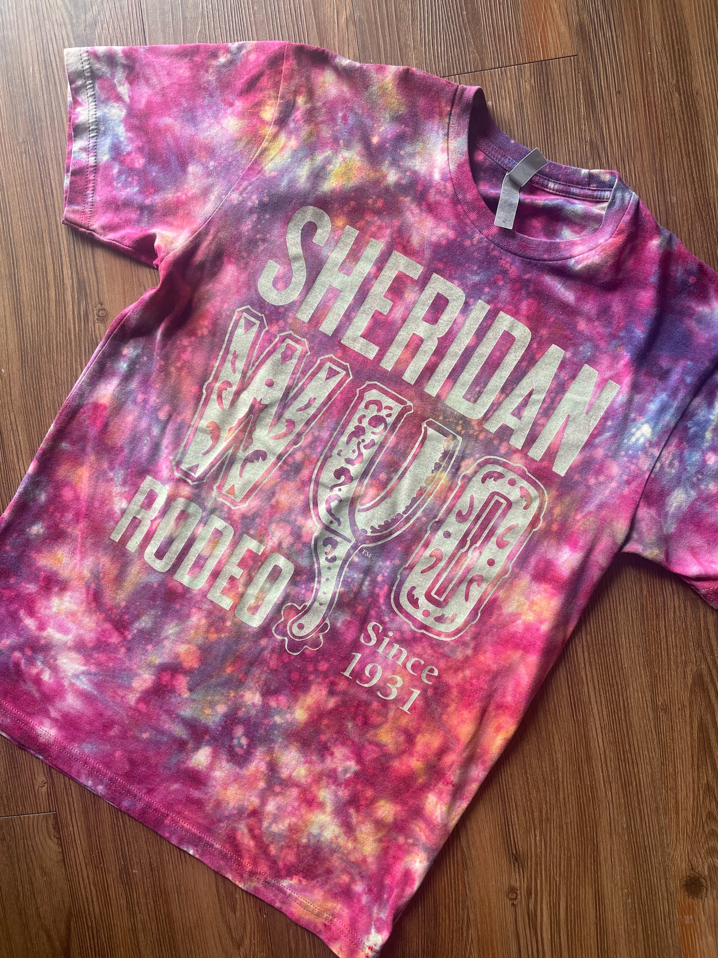 Medium Men’s Sheridan WYO Rodeo Handmade Tie Dye T-Shirt | Pink and Purple Reverse Galaxy Tie Dye Short Sleeve