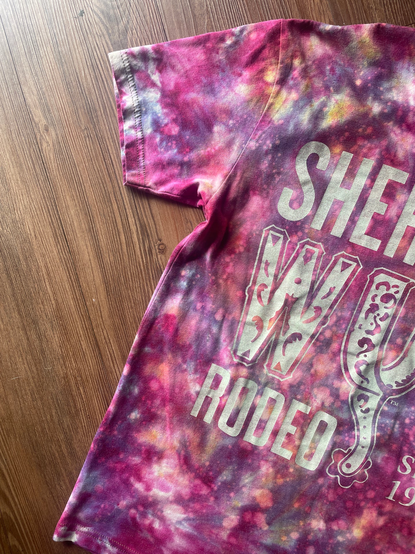 Medium Men’s Sheridan WYO Rodeo Handmade Tie Dye T-Shirt | Pink and Purple Reverse Galaxy Tie Dye Short Sleeve