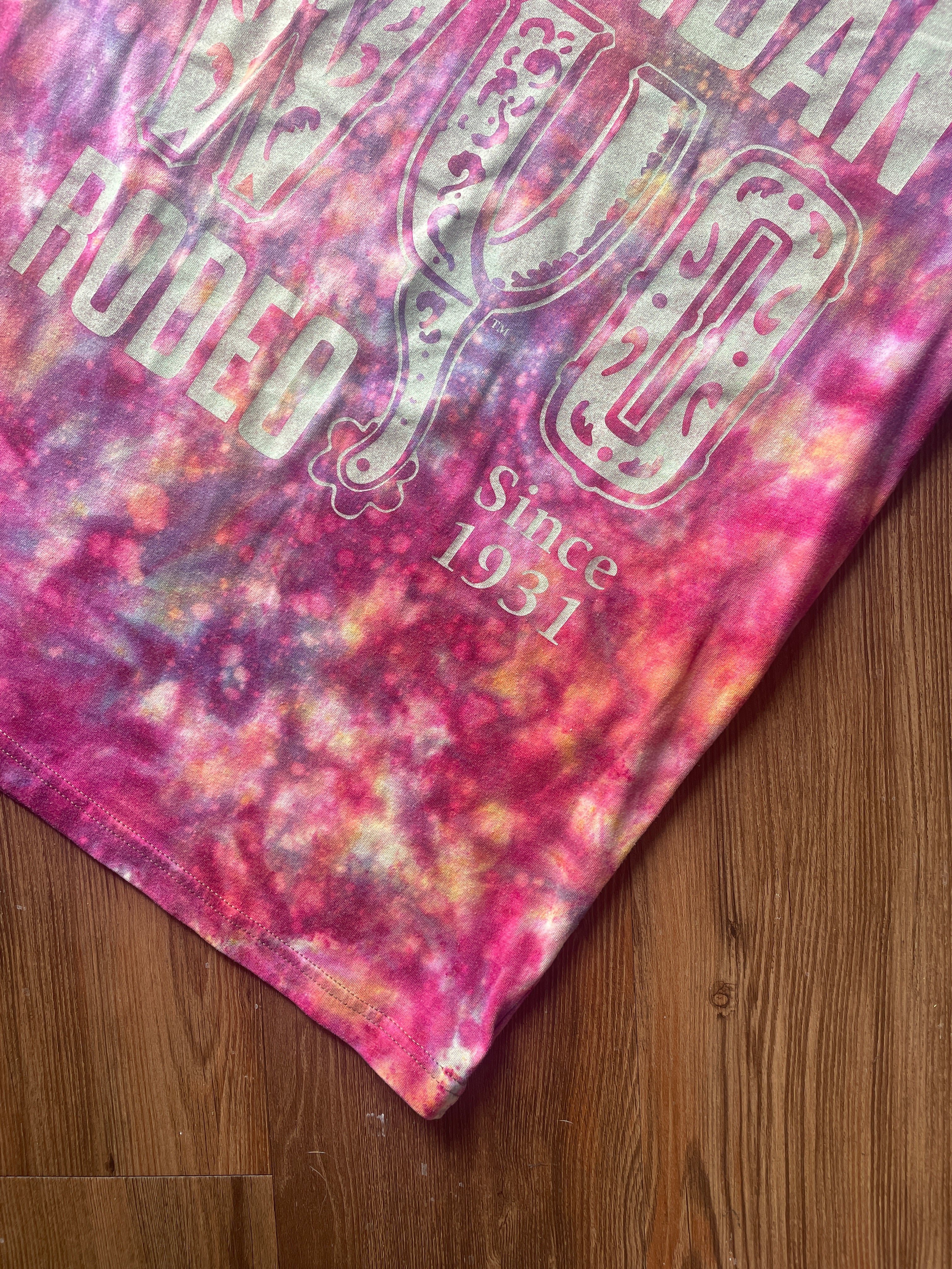 Medium Men’s Sheridan WYO Rodeo Handmade Tie Dye T-Shirt | Pink and Purple Reverse Galaxy Tie Dye Short Sleeve
