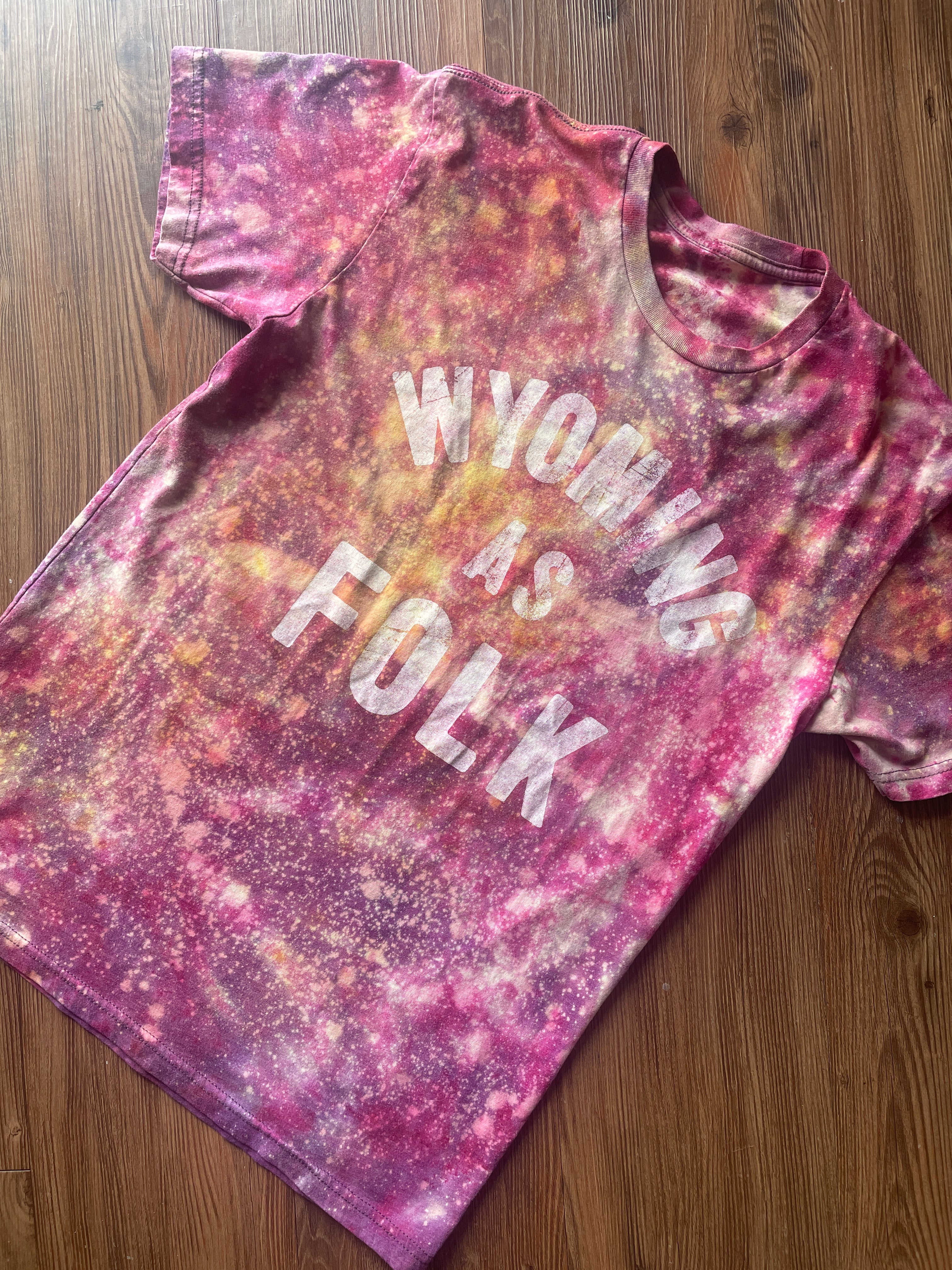 Medium Men’s Wyoming as Folk Handmade Tie Dye T-Shirt | Surf Wyoming Pastel Pink Galaxy Tie Dye Short Sleeve