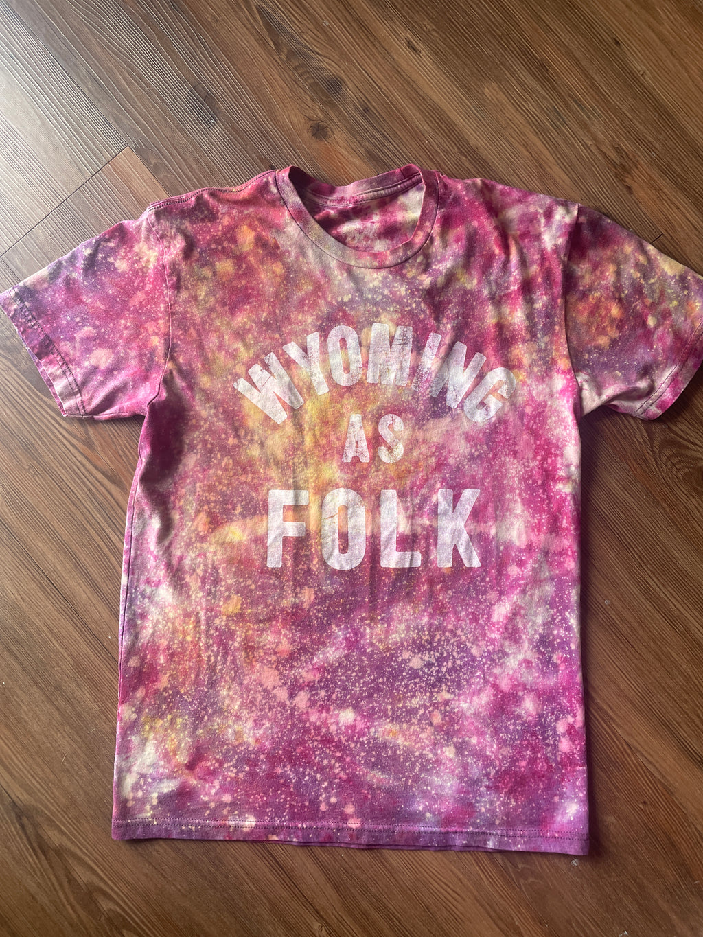 Medium Men’s Wyoming as Folk Handmade Tie Dye T-Shirt | Surf Wyoming Pastel Pink Galaxy Tie Dye Short Sleeve
