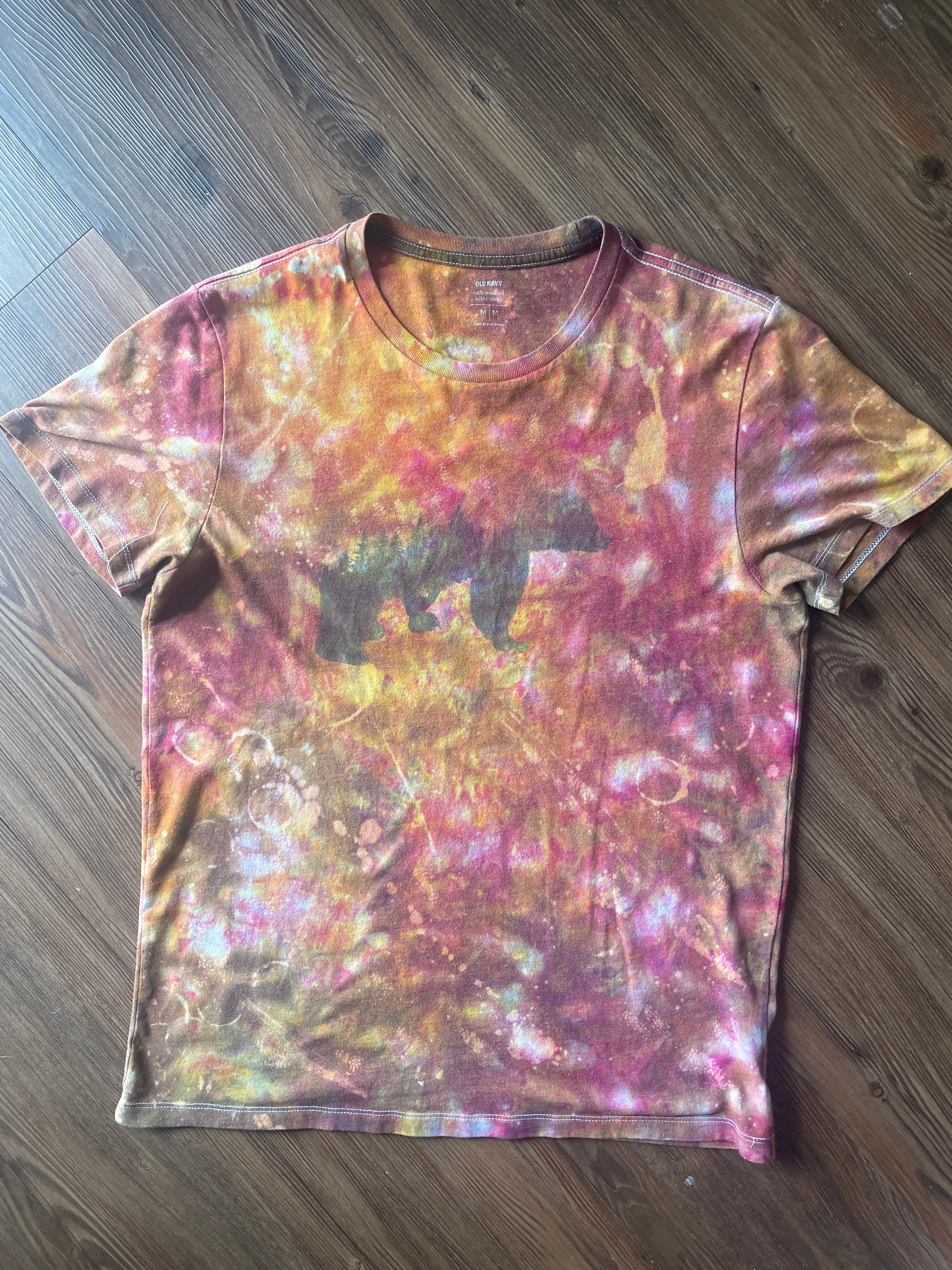 MEDIUM Unisex California Bear Handmade Fire Dye Tie Dye t-shirt | Red Orange Galaxy Dye Short Sleeve Top