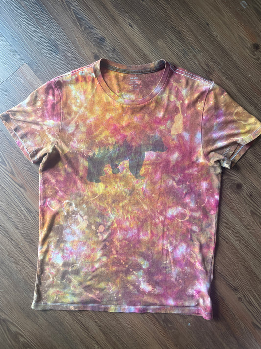 MEDIUM Unisex California Bear Handmade Fire Dye Tie Dye t-shirt | Red Orange Galaxy Dye Short Sleeve Top
