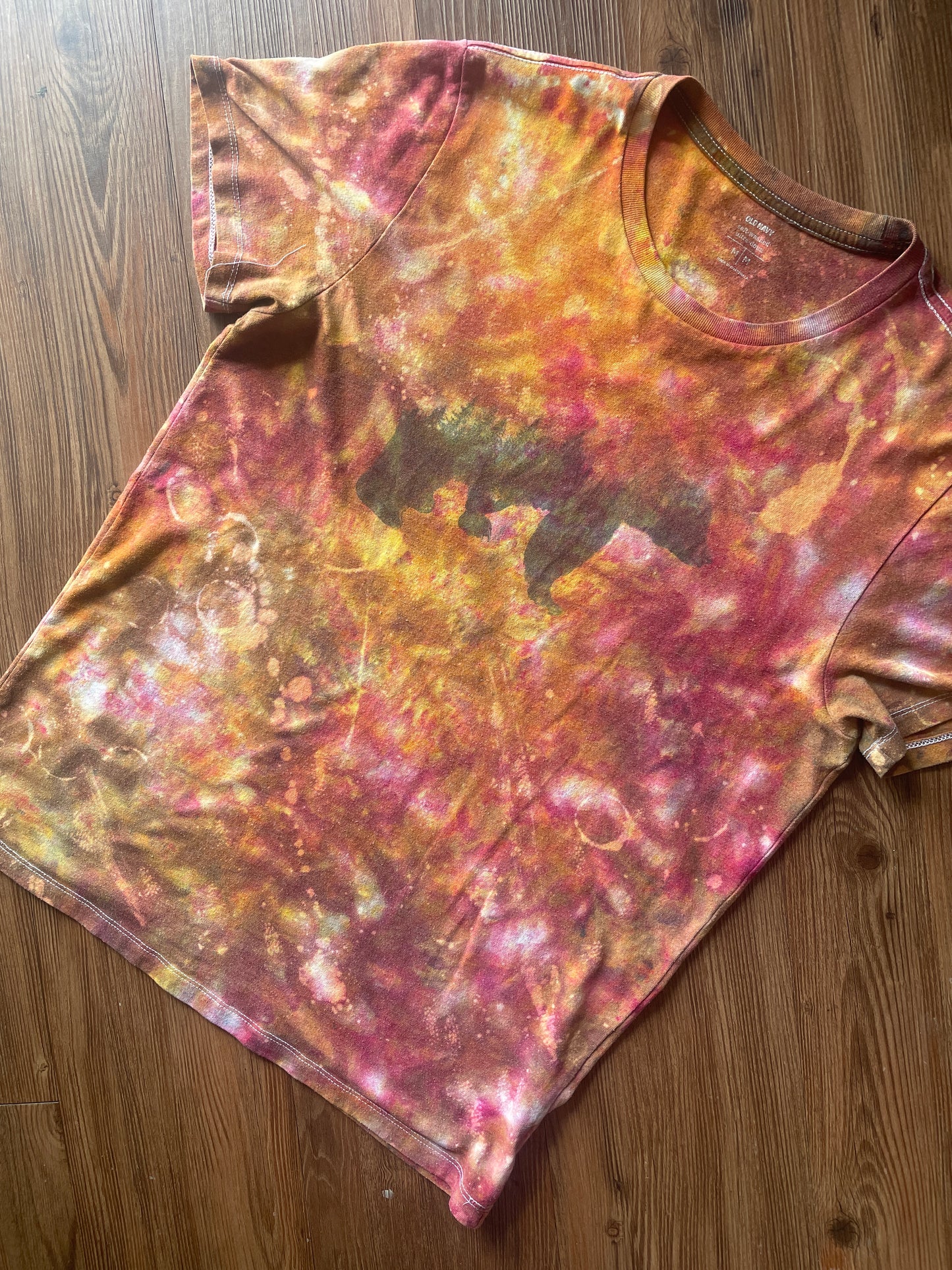 MEDIUM Unisex California Bear Handmade Fire Dye Tie Dye t-shirt | Red Orange Galaxy Dye Short Sleeve Top