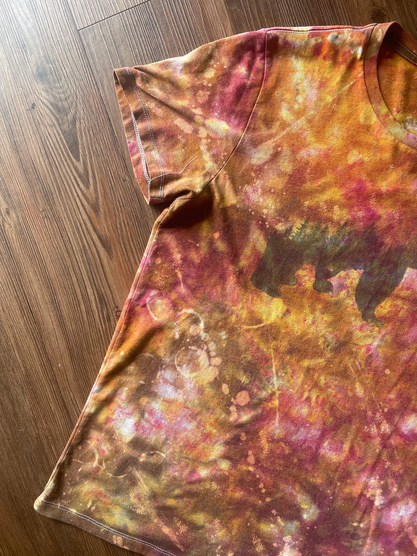 MEDIUM Unisex California Bear Handmade Fire Dye Tie Dye t-shirt | Red Orange Galaxy Dye Short Sleeve Top