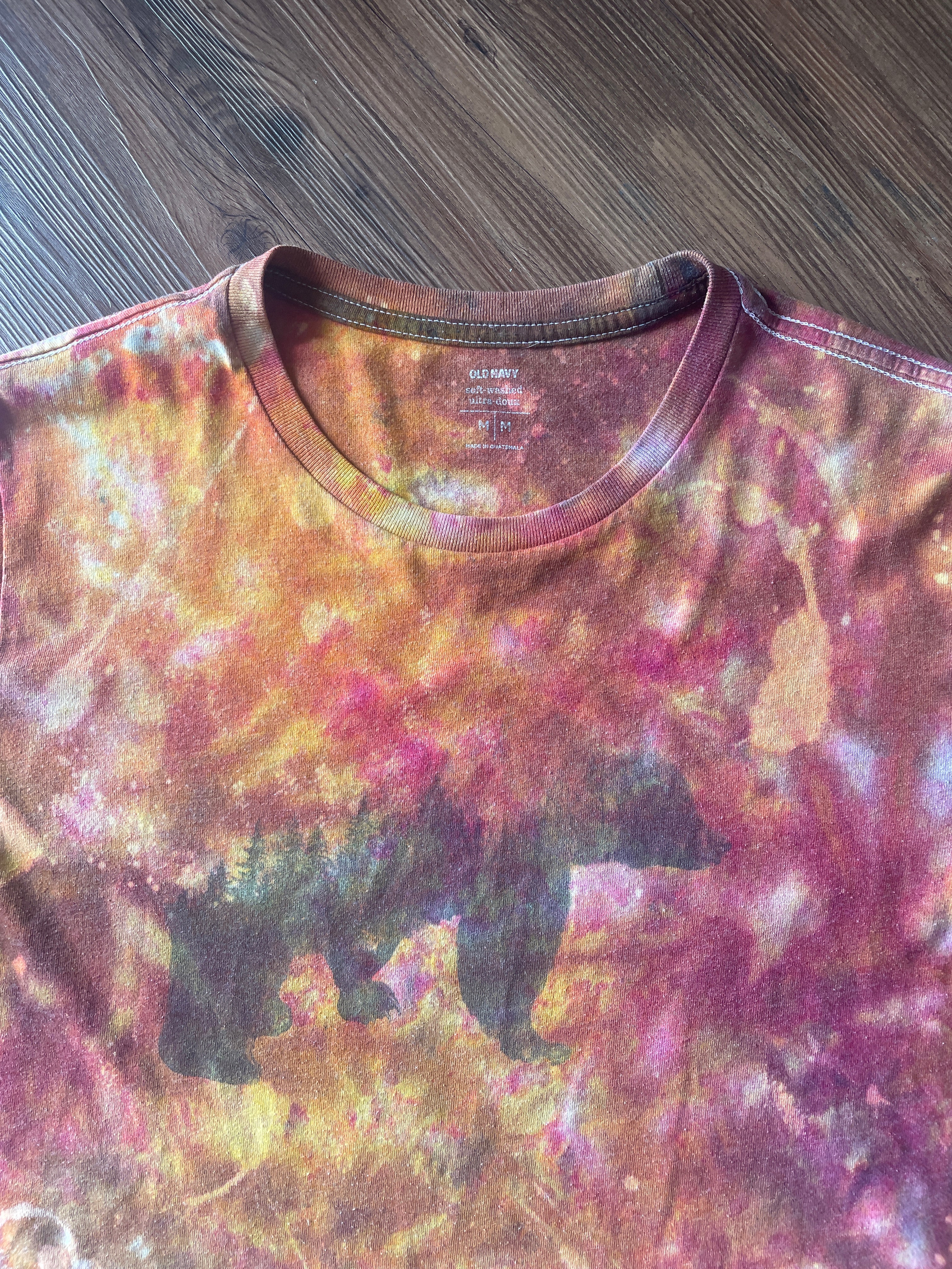 MEDIUM Unisex California Bear Handmade Fire Dye Tie Dye t-shirt | Red Orange Galaxy Dye Short Sleeve Top