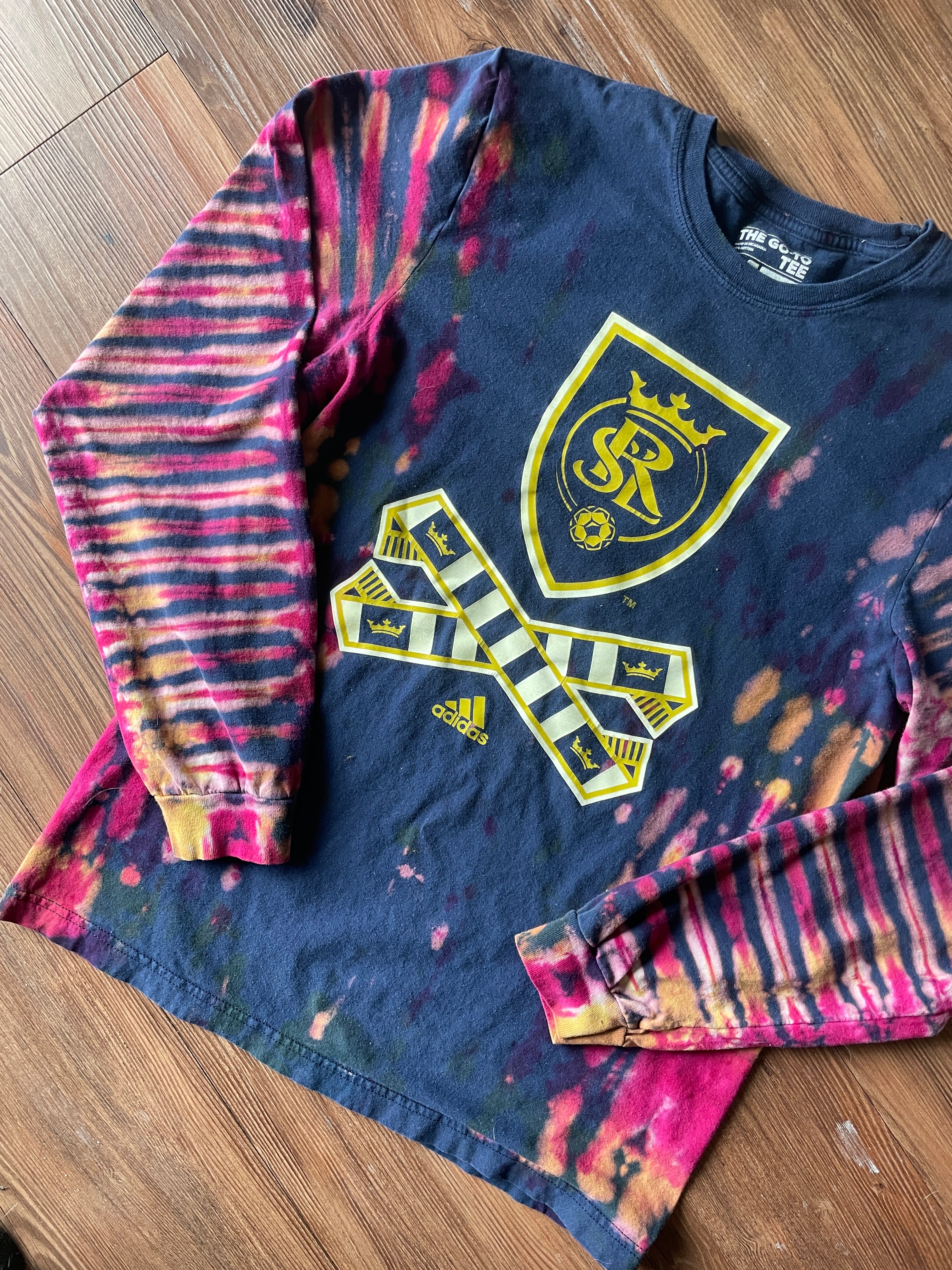 MEDIUM Men’s adidas Real Salt Lake Handmade Tie Dye T-Shirt | Navy Blue, Red, and Purple Long Sleeve Tee