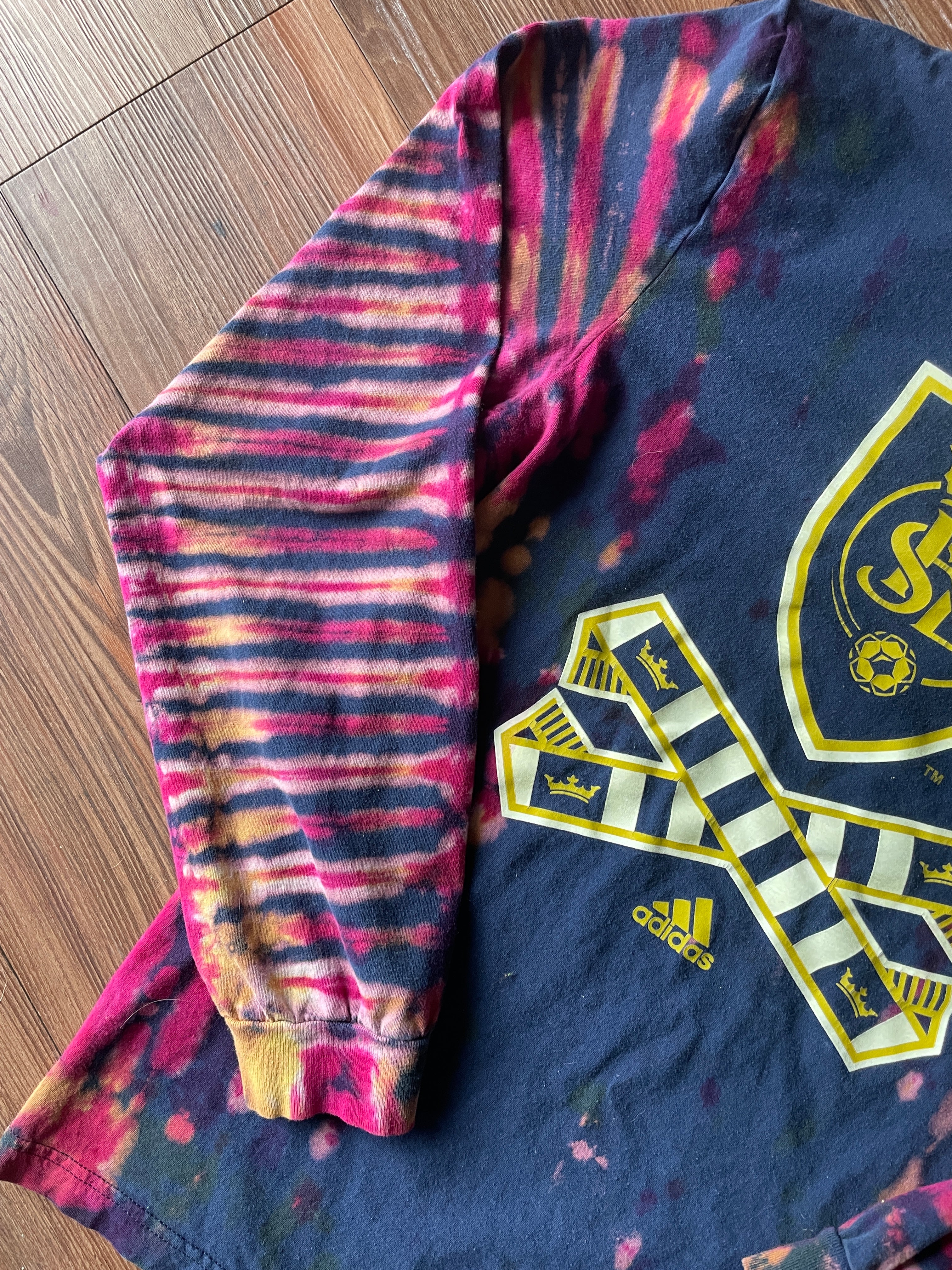 MEDIUM Men’s adidas Real Salt Lake Handmade Tie Dye T-Shirt | Navy Blue, Red, and Purple Long Sleeve Tee