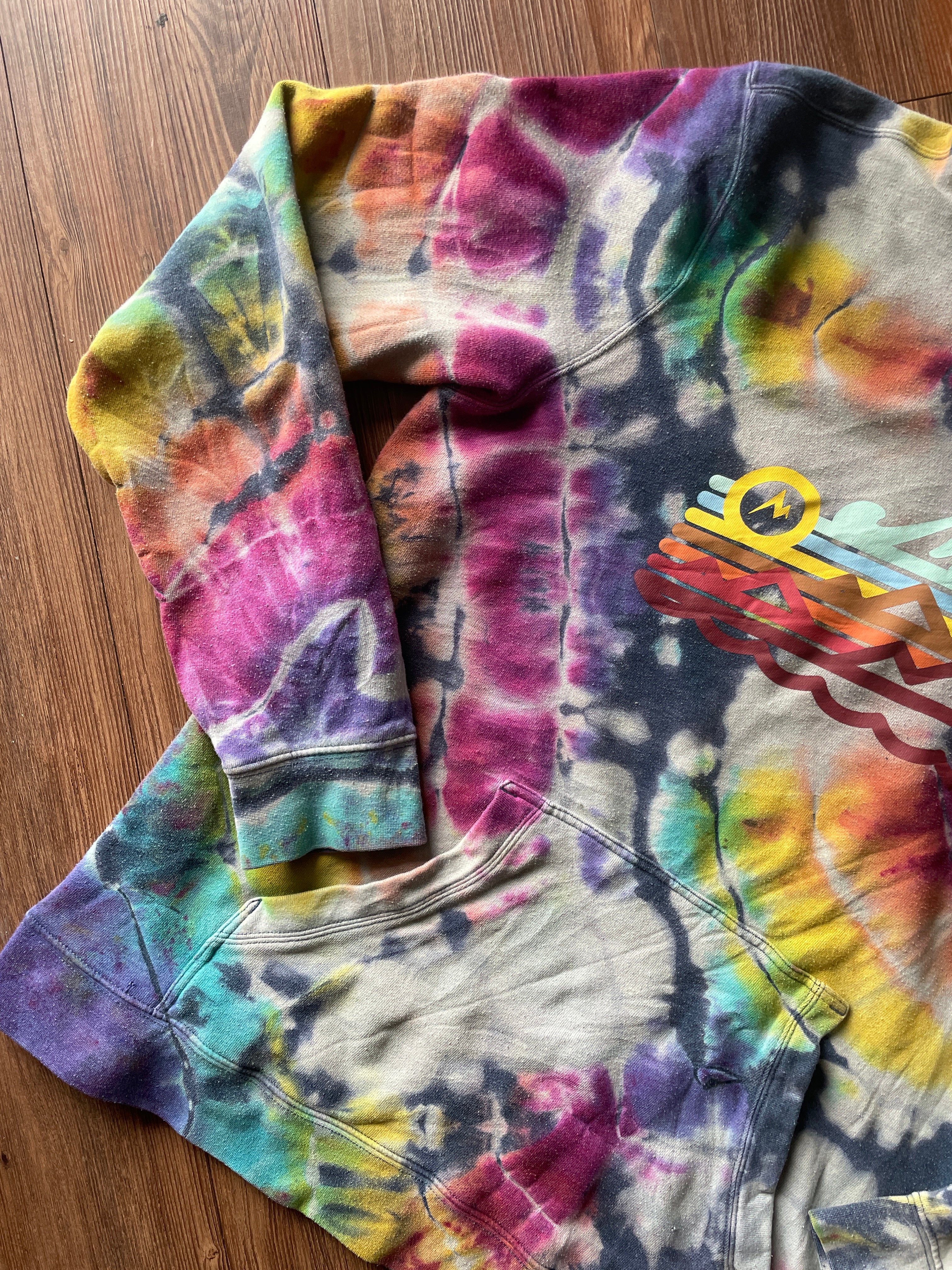 LARGE Men’s Marmot Coastal Mountain Handmade Geode Tie Dye Hoodie | Pastel Rainbow Long Sleeve Sweatshirt