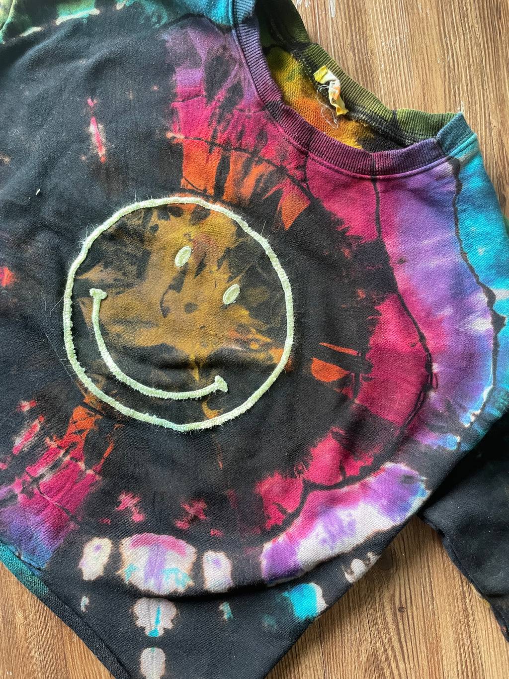 SMALL Women’s Happy Face Handmade Geode Tie Dye Sweatshirt | Black and Rainbow Quarter Length Sleeve Sweatshirt