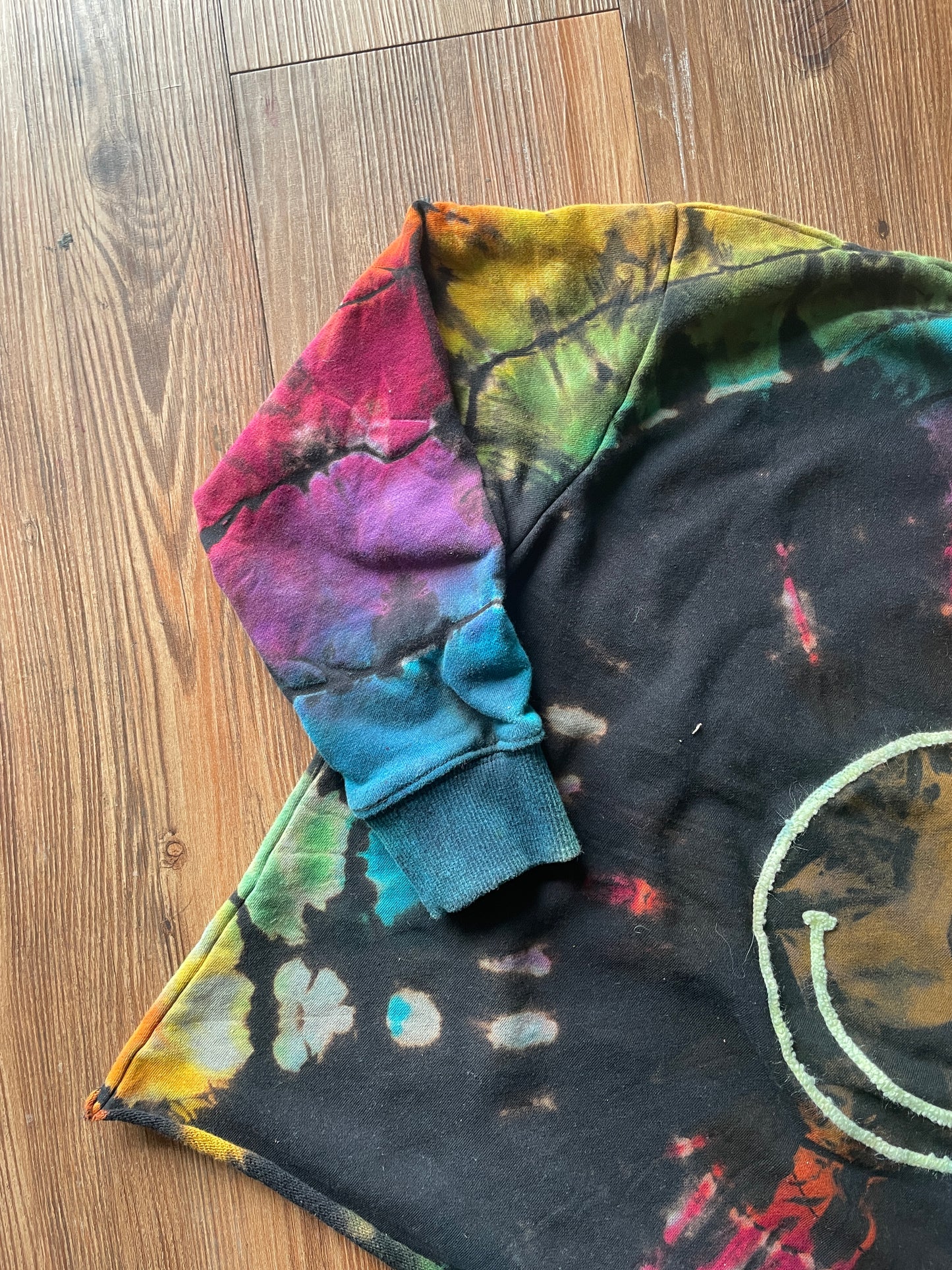 SMALL Women’s Happy Face Handmade Geode Tie Dye Sweatshirt | Black and Rainbow Quarter Length Sleeve Sweatshirt