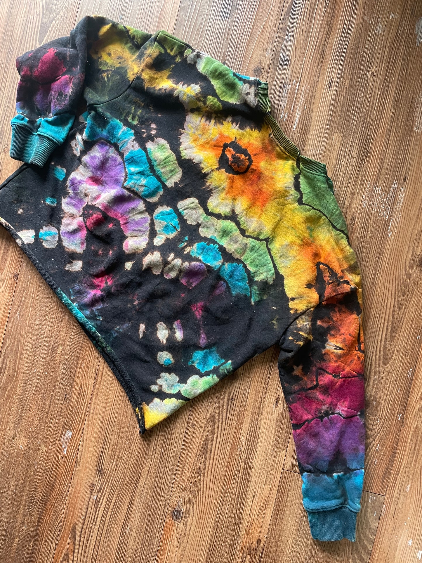 SMALL Women’s Happy Face Handmade Geode Tie Dye Sweatshirt | Black and Rainbow Quarter Length Sleeve Sweatshirt