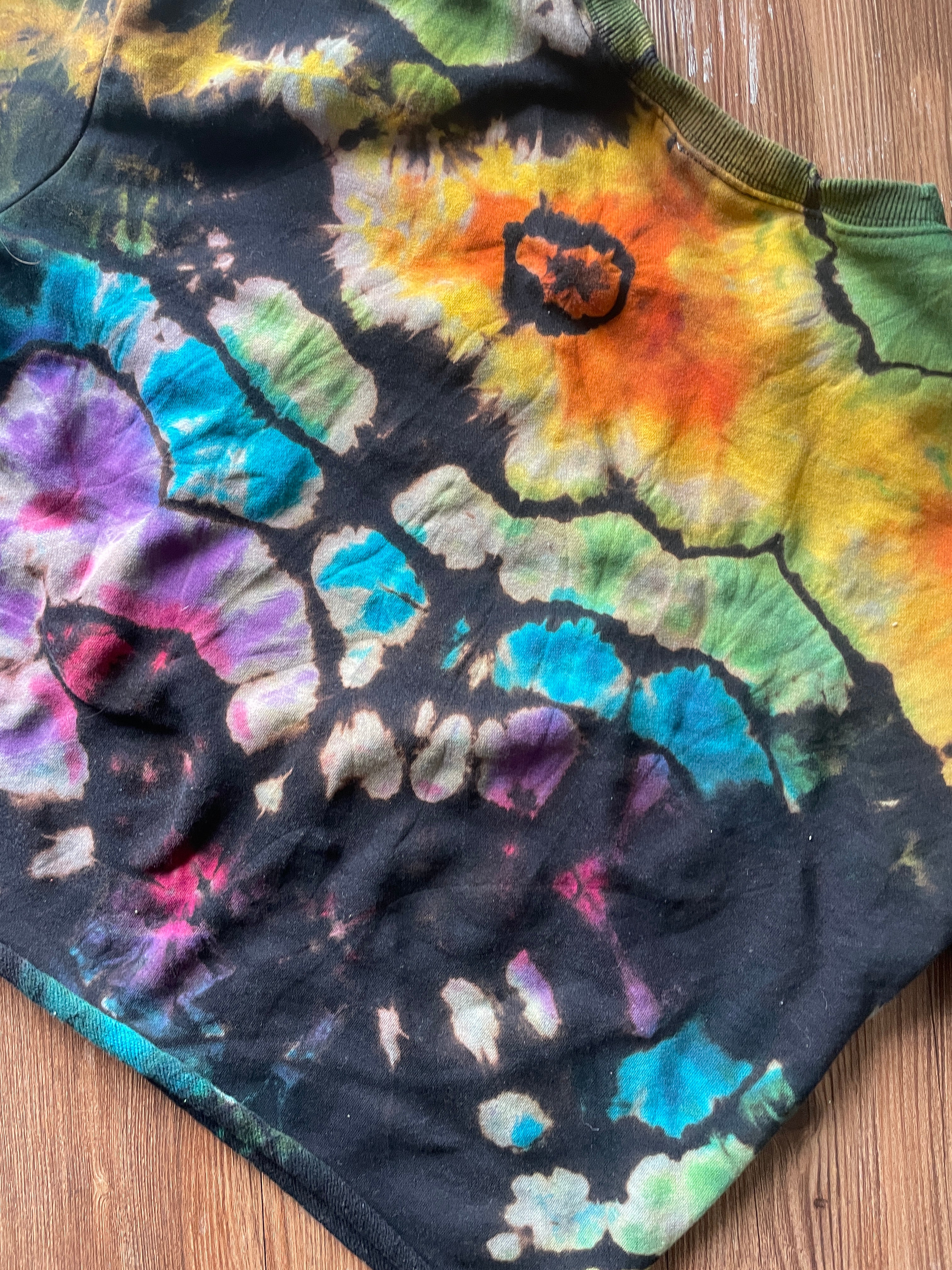 SMALL Women’s Happy Face Handmade Geode Tie Dye Sweatshirt | Black and Rainbow Quarter Length Sleeve Sweatshirt