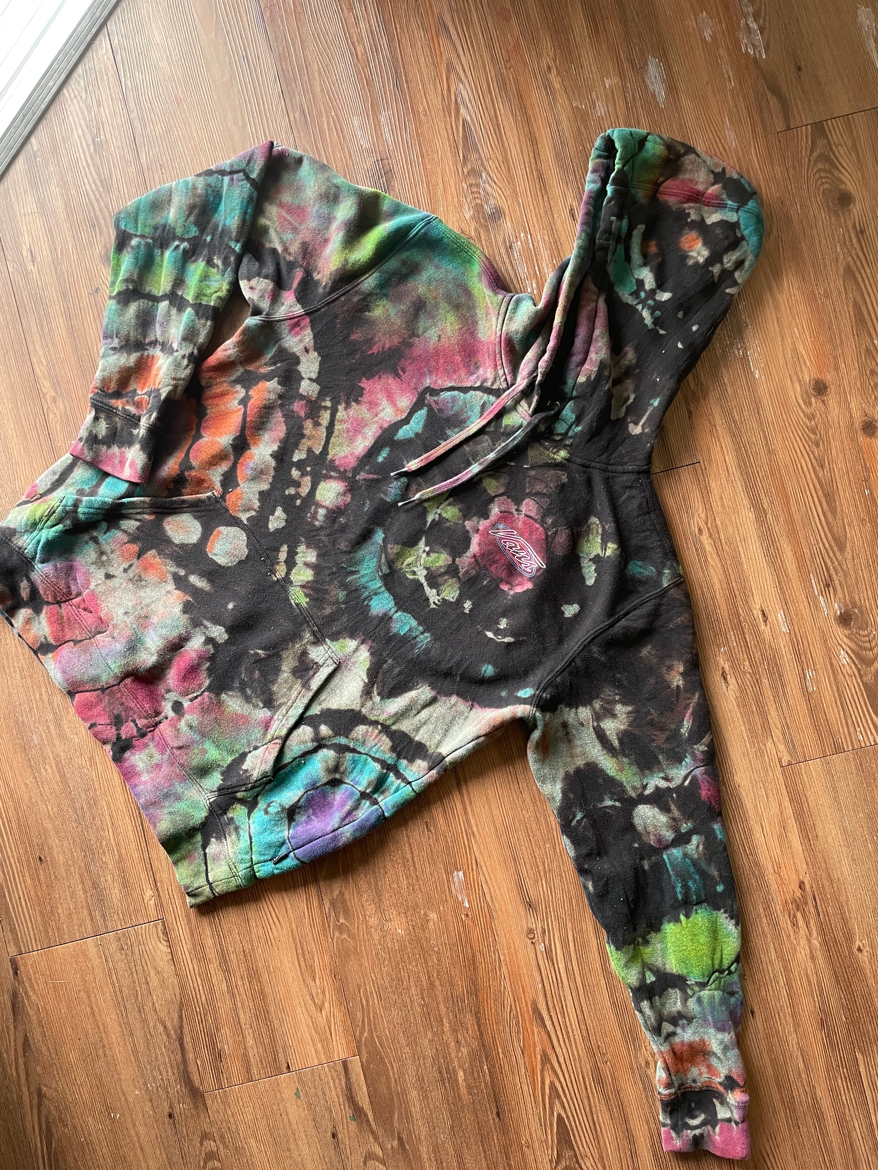 LARGE Men’s Vans Neon Skeleton Pizza Handmade Geode Tie Dye Sweatshirt | Rainbow and Black Long Sleeve Hoodie