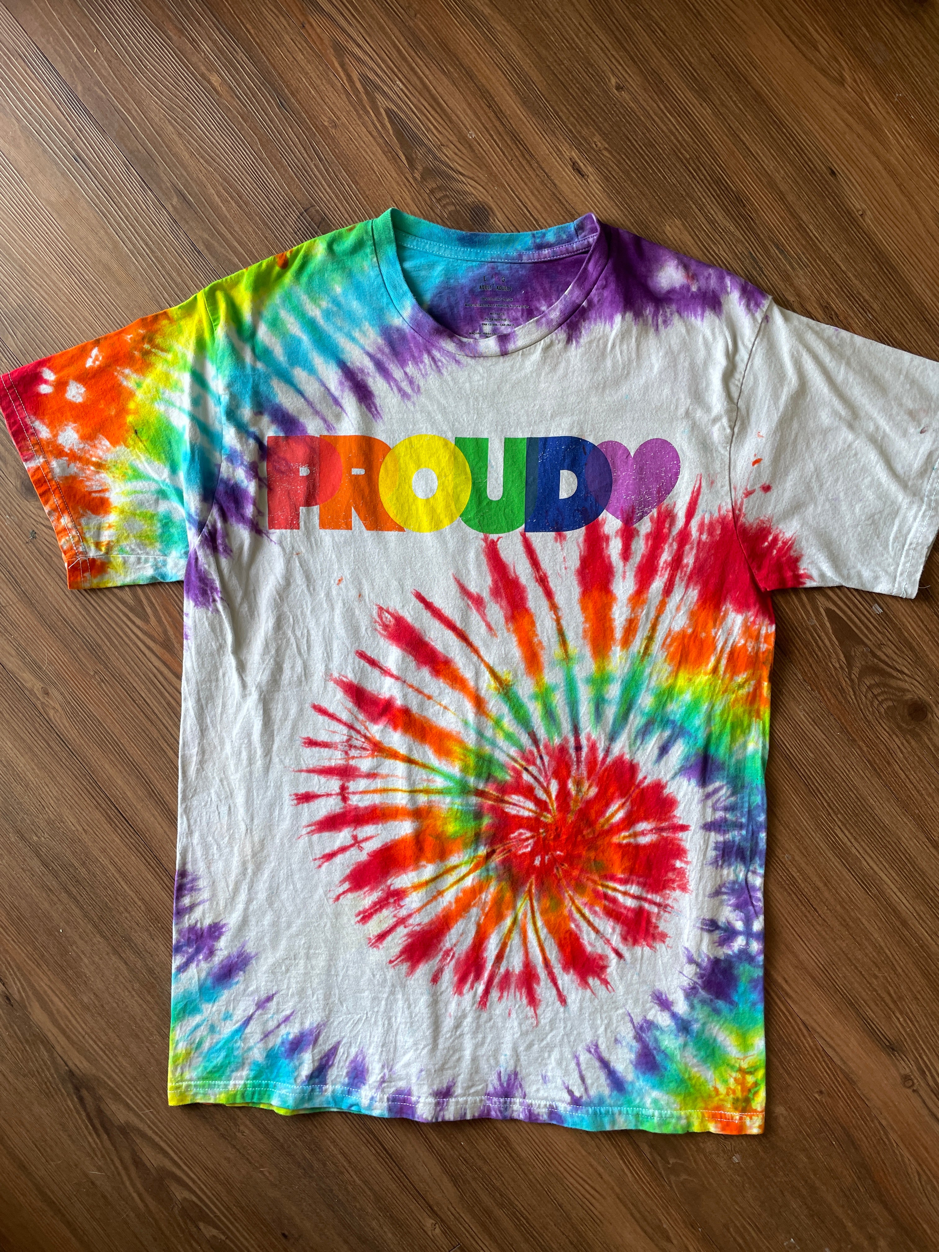 Large Men’s PROUD Handmade Tie Dye T-Shirt | LGBTQIA+ Pride Rainbow Spiral Tie Dye Short Sleeve