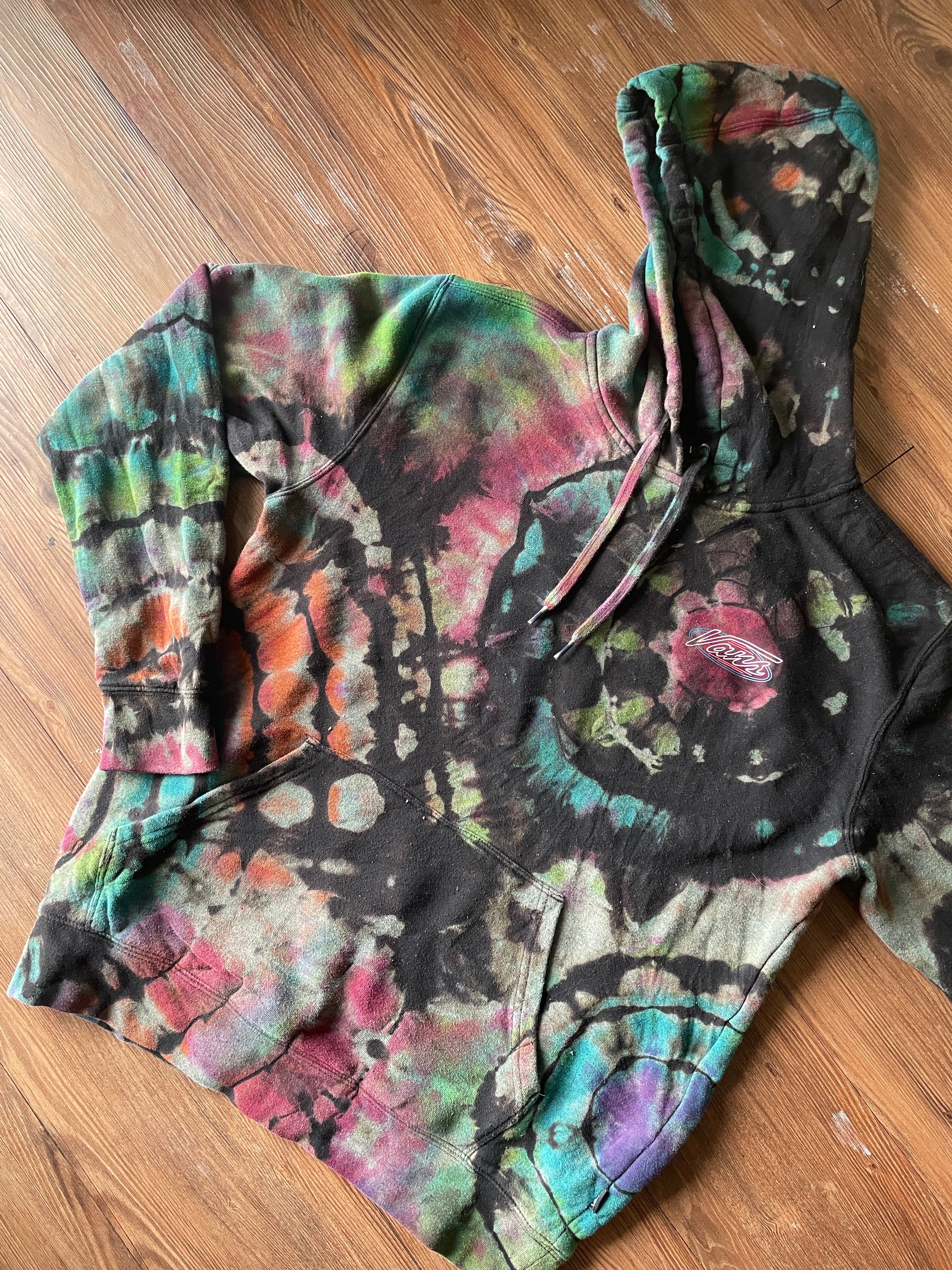 LARGE Men’s Vans Neon Skeleton Pizza Handmade Geode Tie Dye Sweatshirt | Rainbow and Black Long Sleeve Hoodie