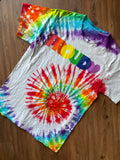Large Men’s PROUD Handmade Tie Dye T-Shirt | LGBTQIA+ Pride Rainbow Spiral Tie Dye Short Sleeve